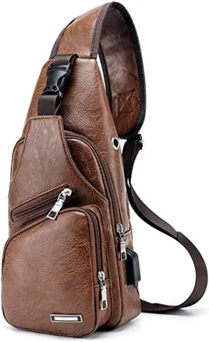 Men's Sling Bag, Business Leather Shoulder Backpacks Campus Travel Crossbody Bag with USB Charging Port