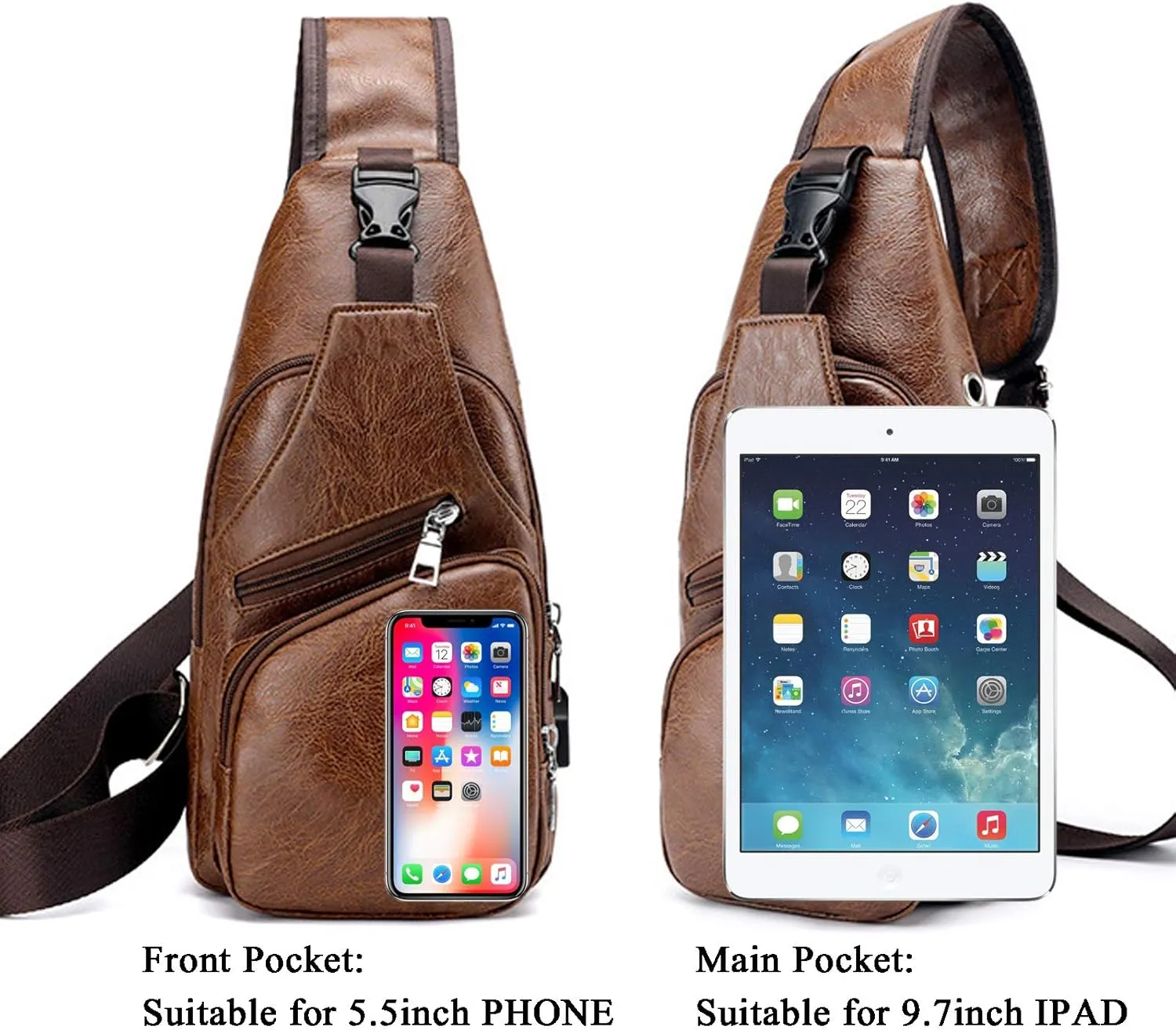 Men's Sling Bag, Business Leather Shoulder Backpacks Campus Travel Crossbody Bag with USB Charging Port