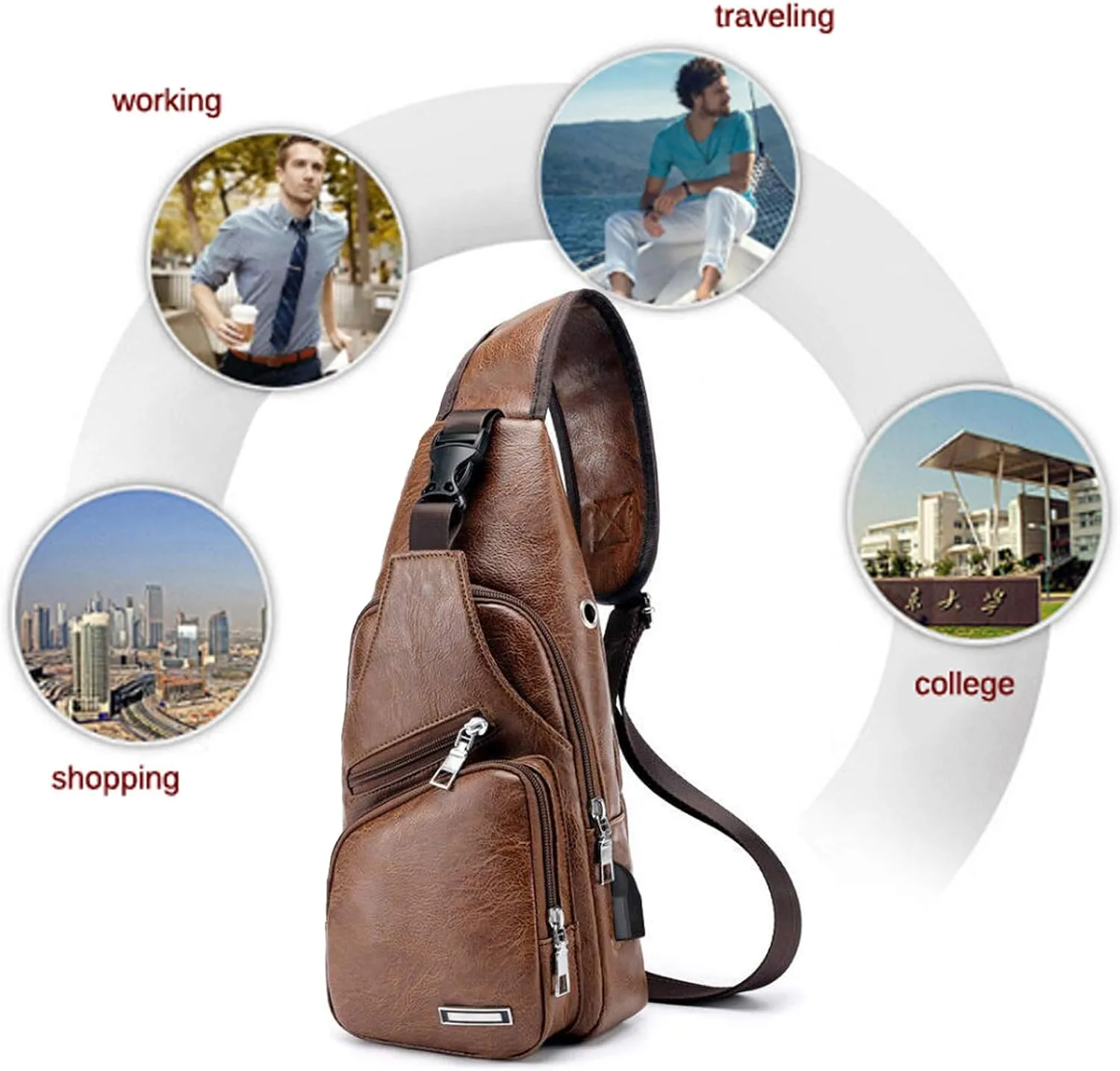 Men's Sling Bag, Business Leather Shoulder Backpacks Campus Travel Crossbody Bag with USB Charging Port