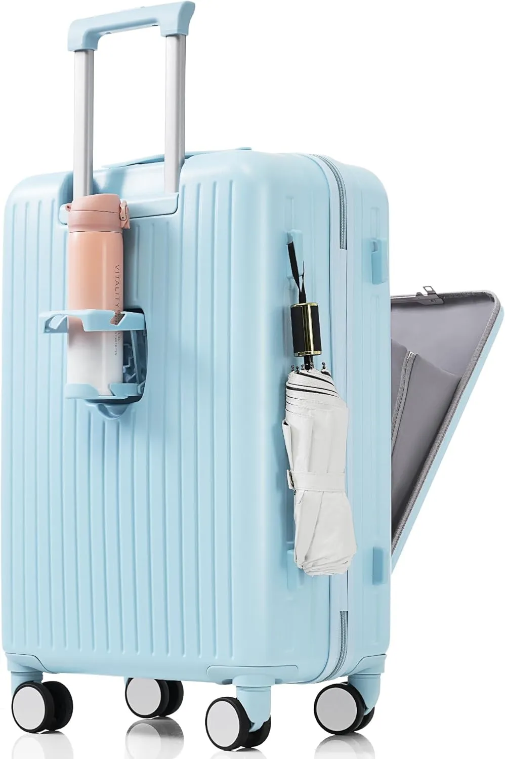 Merax 3Pc Suitcase Sets Front Opening with USB Port Hardshell Carry On Luggage with Cup Holder, Light Blue, 20/24/28 in