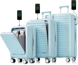 Merax 3Pc Suitcase Sets Front Opening with USB Port Hardshell Carry On Luggage with Cup Holder, Light Blue, 20/24/28 in