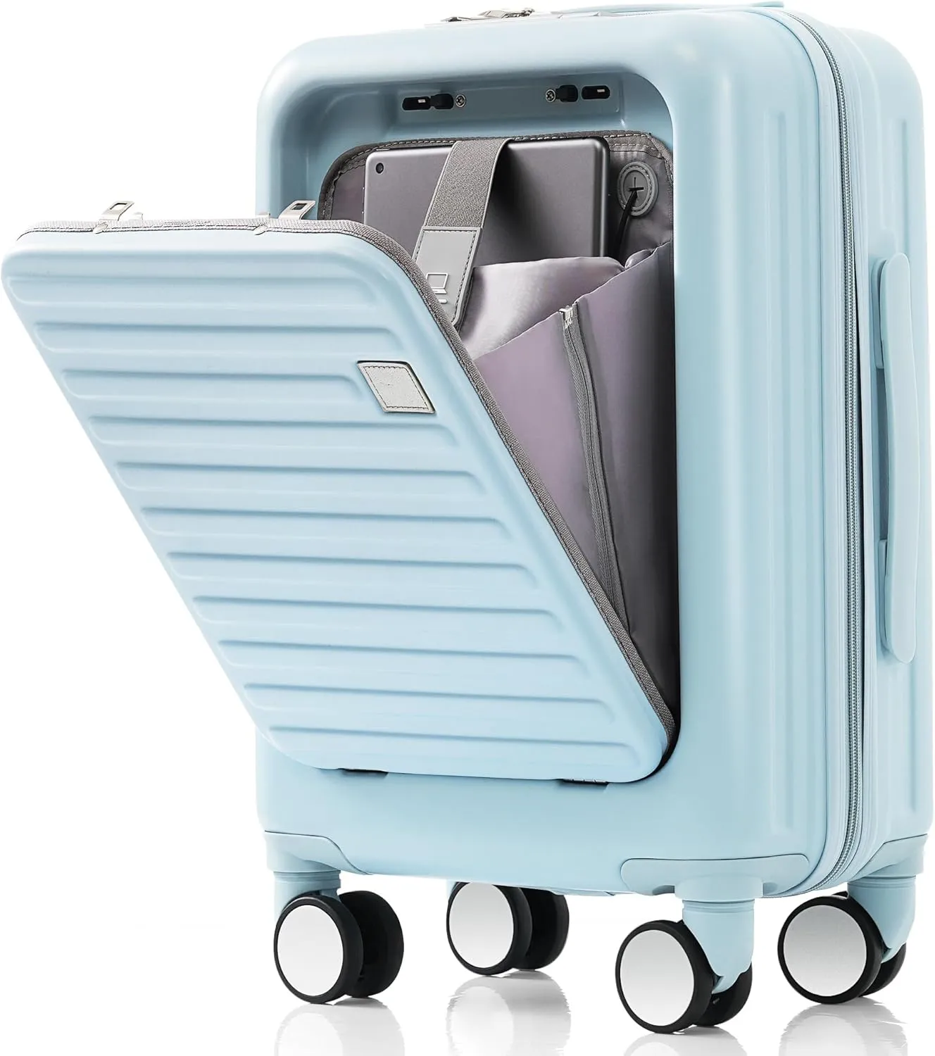 Merax 3Pc Suitcase Sets Front Opening with USB Port Hardshell Carry On Luggage with Cup Holder, Light Blue, 20/24/28 in