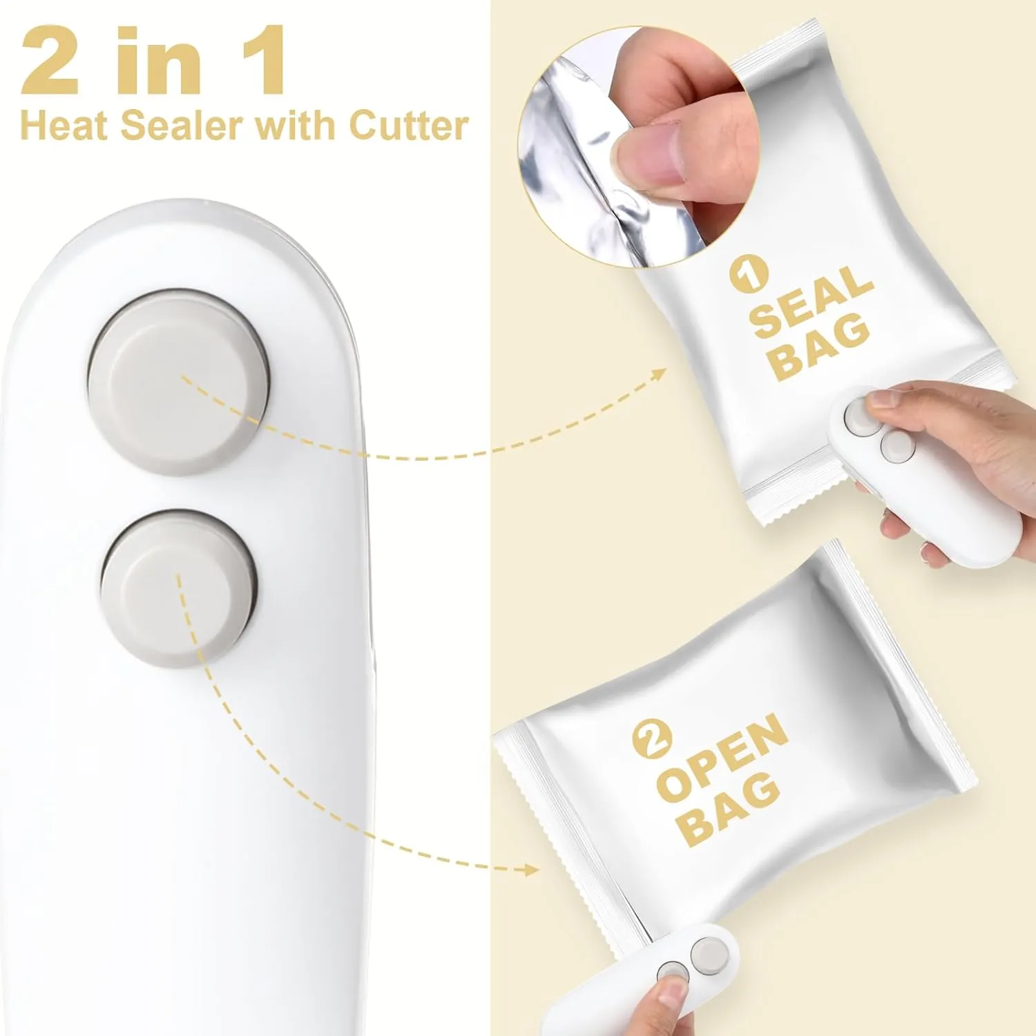Mini Bag Sealer for Plastic Bags Snack Bags, 2 in 1 USB-C Rechargeable Portable Bag Sealer with Cutter and Magnet (White)