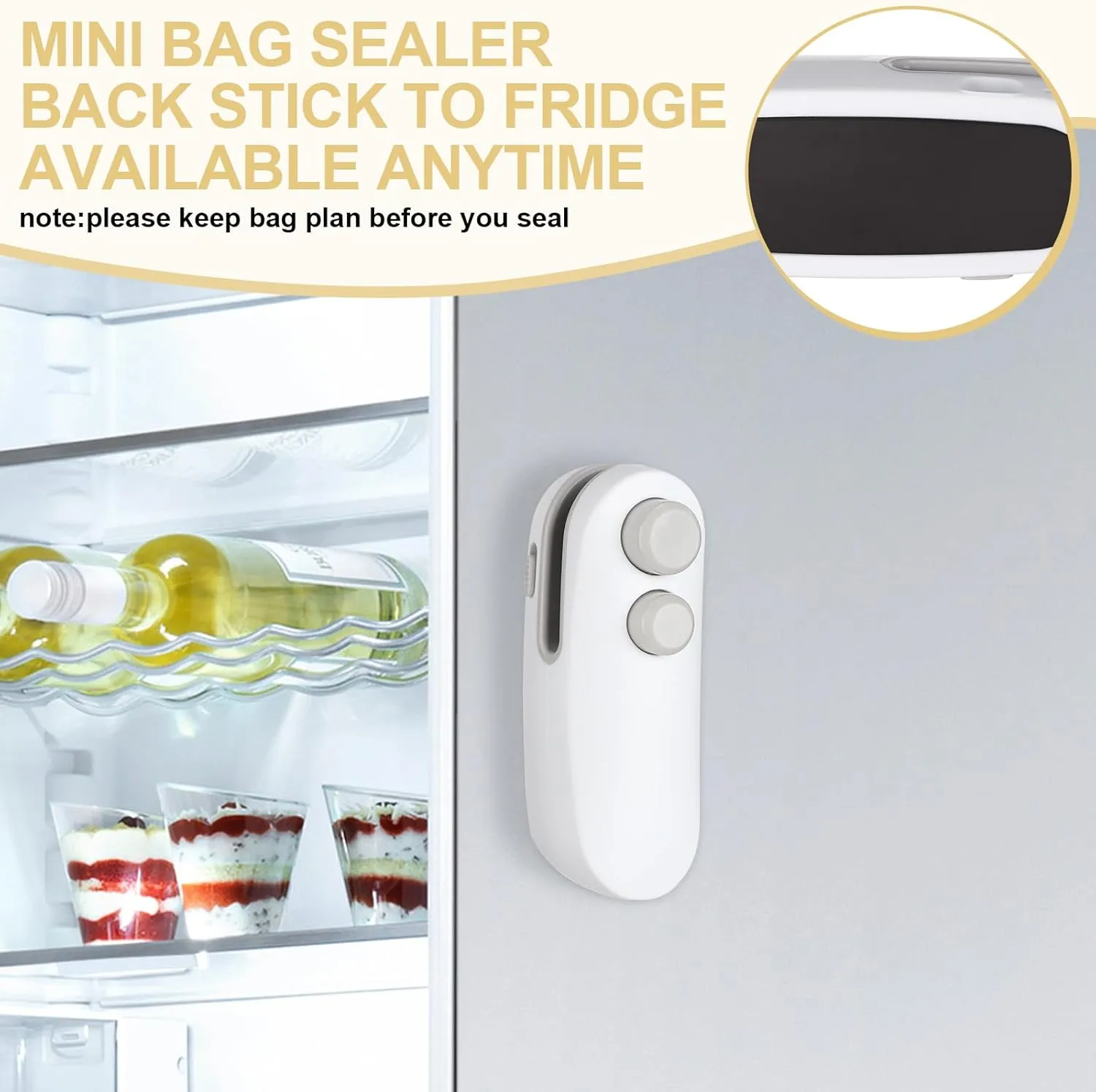 Mini Bag Sealer for Plastic Bags Snack Bags, 2 in 1 USB-C Rechargeable Portable Bag Sealer with Cutter and Magnet (White)