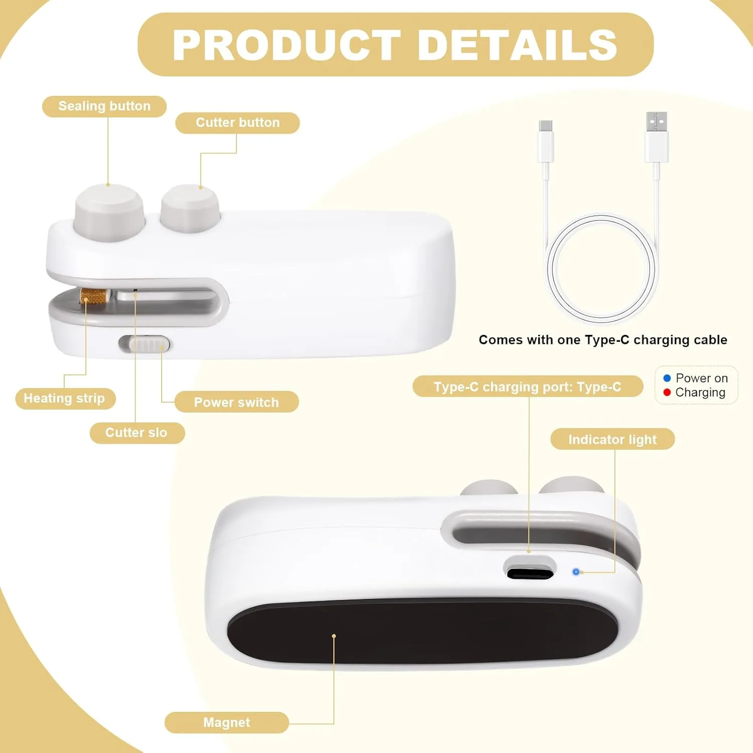 Mini Bag Sealer for Plastic Bags Snack Bags, 2 in 1 USB-C Rechargeable Portable Bag Sealer with Cutter and Magnet (White)