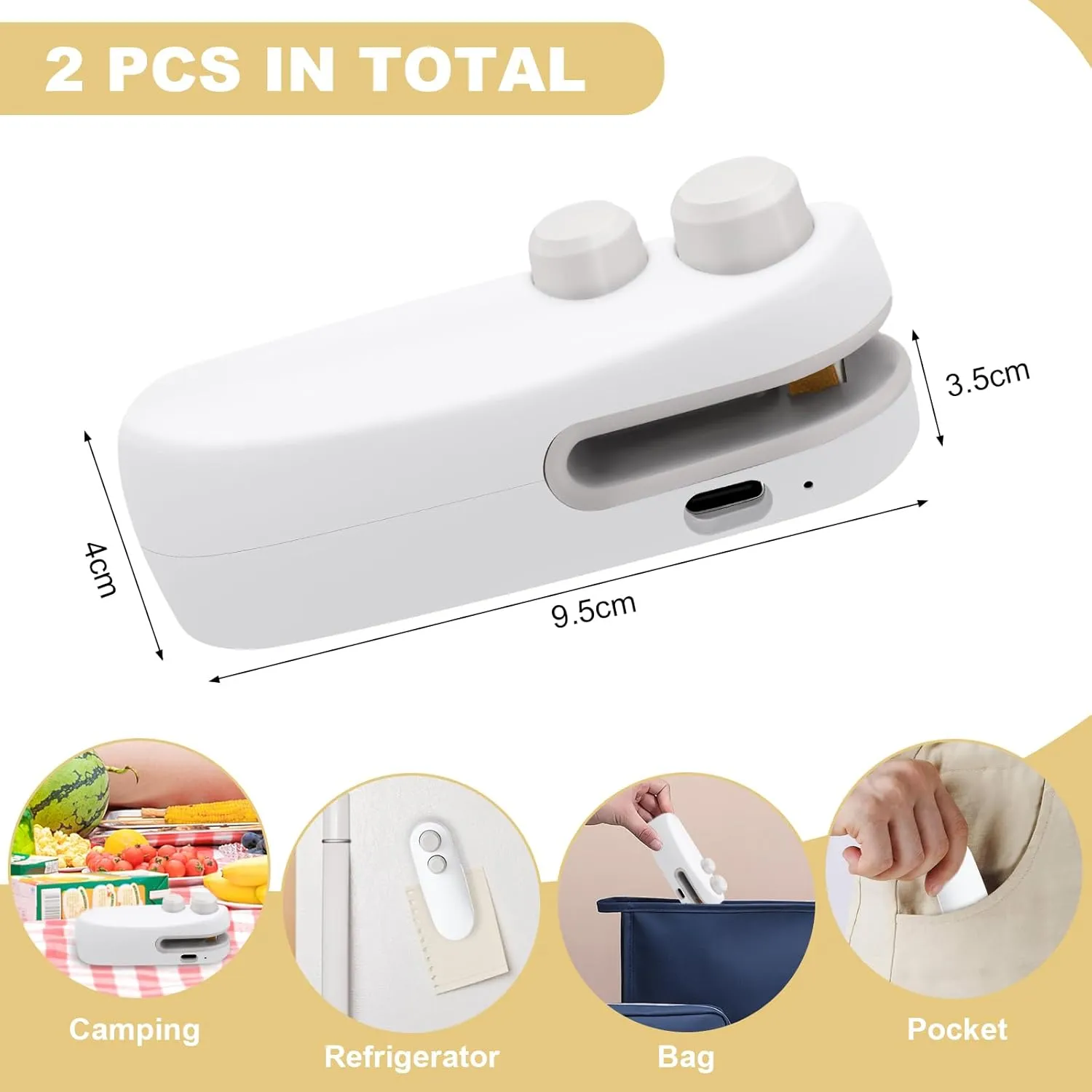 Mini Bag Sealer for Plastic Bags Snack Bags, 2 in 1 USB-C Rechargeable Portable Bag Sealer with Cutter and Magnet (White)