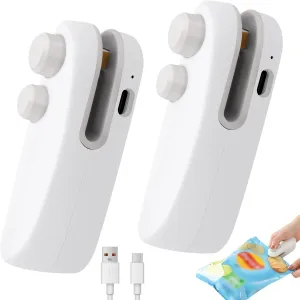 Mini Bag Sealer for Plastic Bags Snack Bags, 2 in 1 USB-C Rechargeable Portable Bag Sealer with Cutter and Magnet (White)