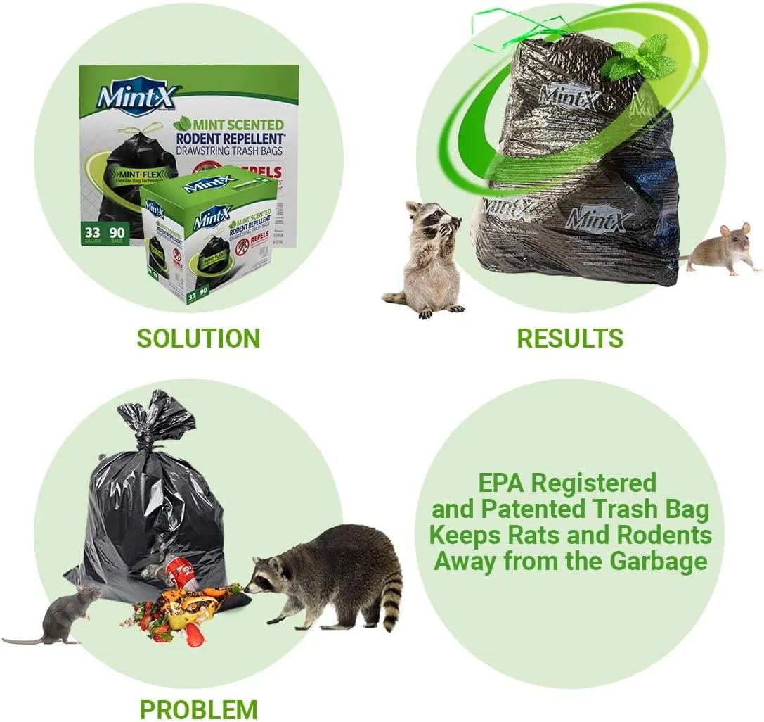 Mint-X Rodent Repellent Outdoor Home and Industrial Trash Bags with Drawstring & Mint-Flex Technology; 33 Gallon, 90 Count, Black