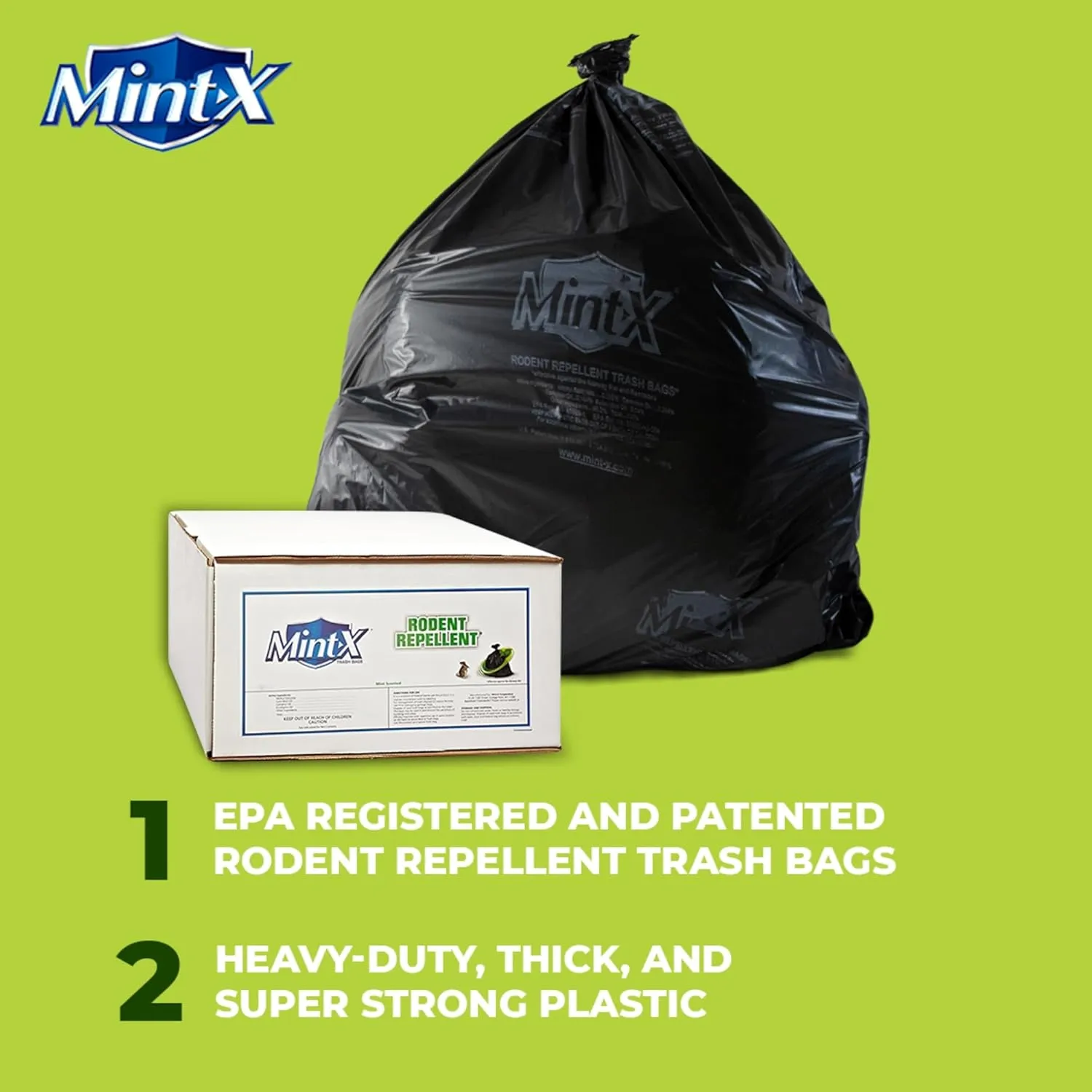 Mint-X Rodent Repellent Trash Bags, 1.3 Mil, Flat Seal, 46" Height x 33" Length, Black (Pack of 100) - MX3346XHB