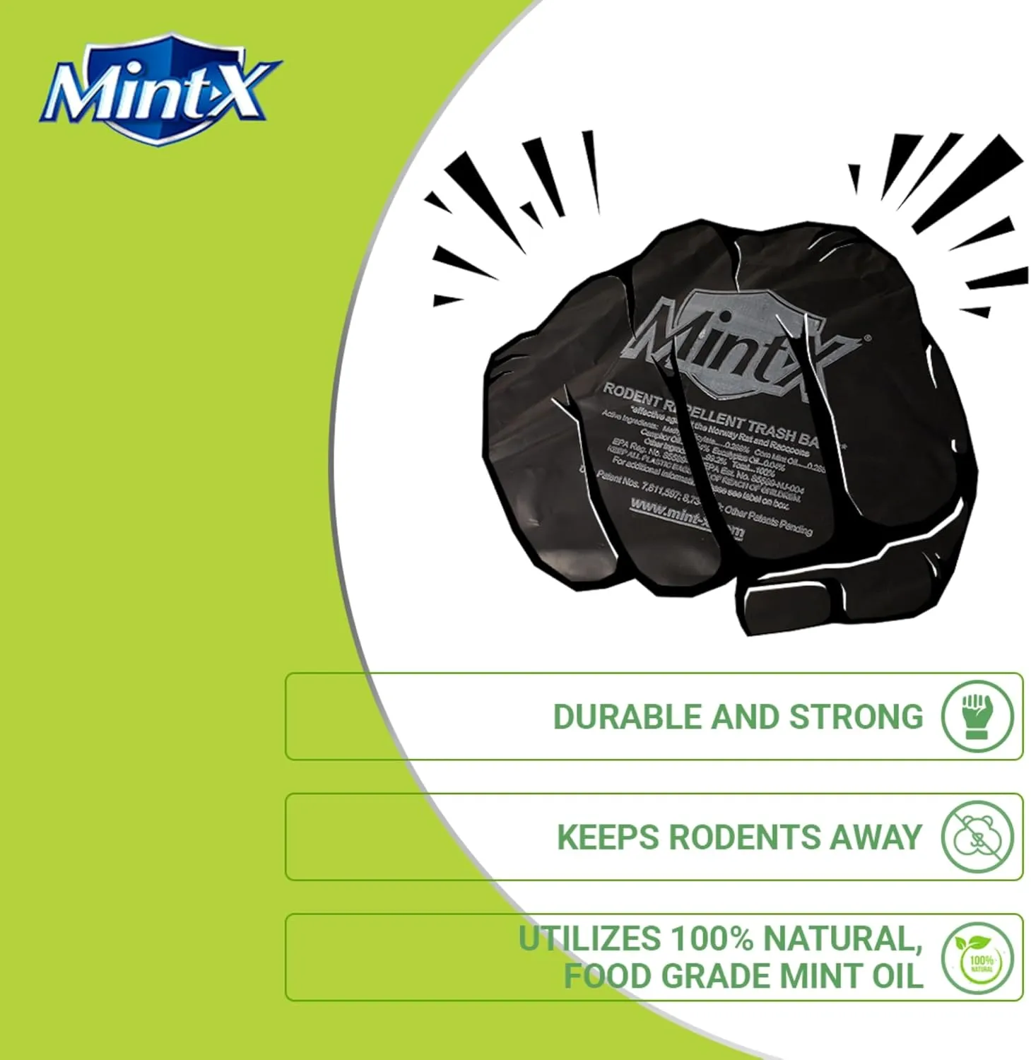 Mint-X Rodent Repellent Trash Bags, 1.3 Mil, Flat Seal, 46" Height x 33" Length, Black (Pack of 100) - MX3346XHB