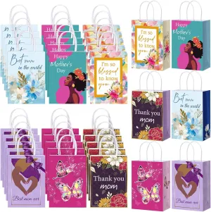 Moinchore 30 Pack African American Mother's Day Gift Bags Assortment with Handle Colorful Floral Mother's Day Gift Paper Flower Goody Treat Wrapping Bags for Moms Birthdays Party Decor Supply