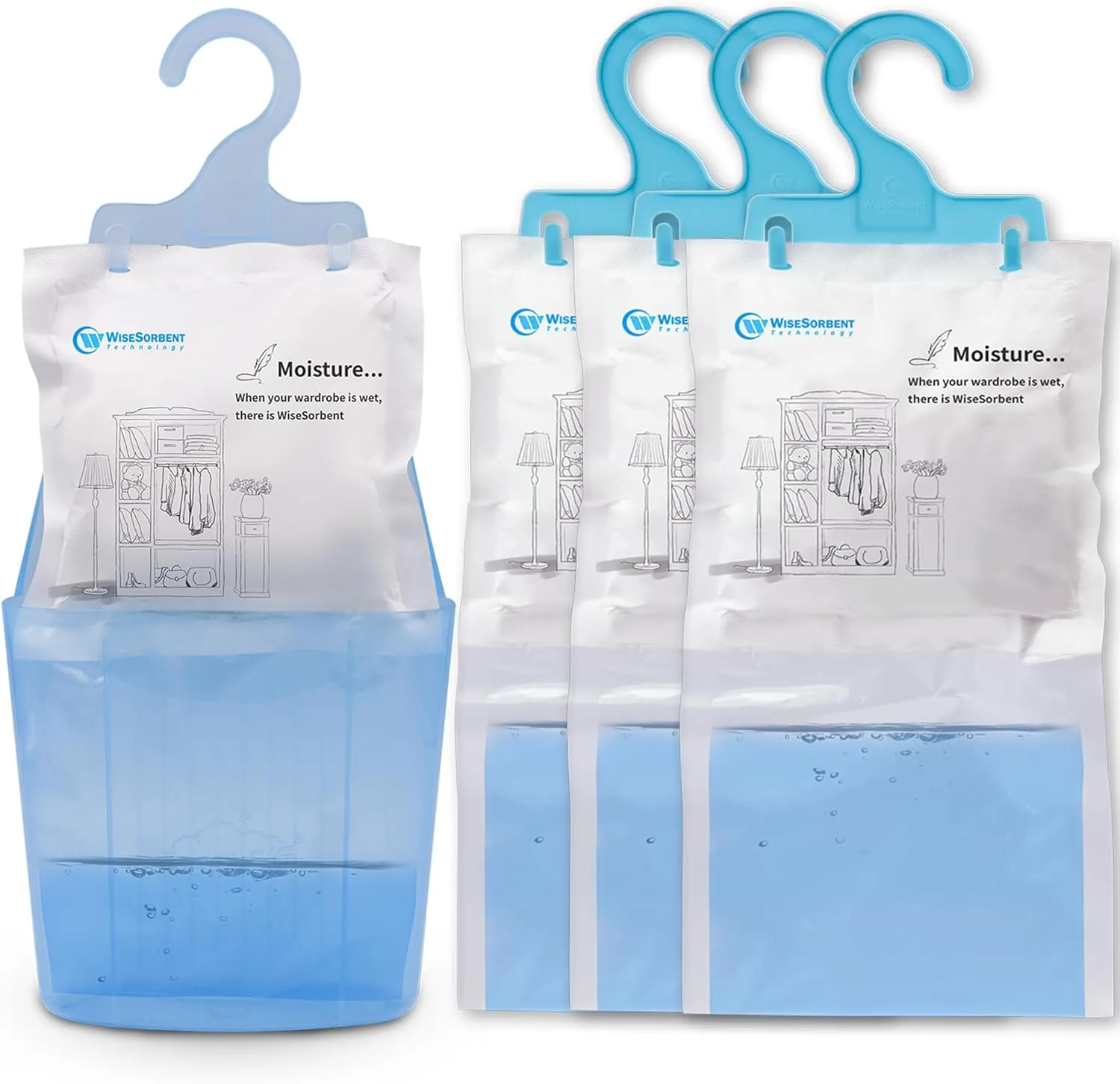 Moisture Absorber Packets with Plastic Case & Hook, Odor Eliminator, Leak Proof, Fragrance Free, Humidity Packs, Hanging Closet Dehumidifier Bags, Moisture Absorber (4 Packs)