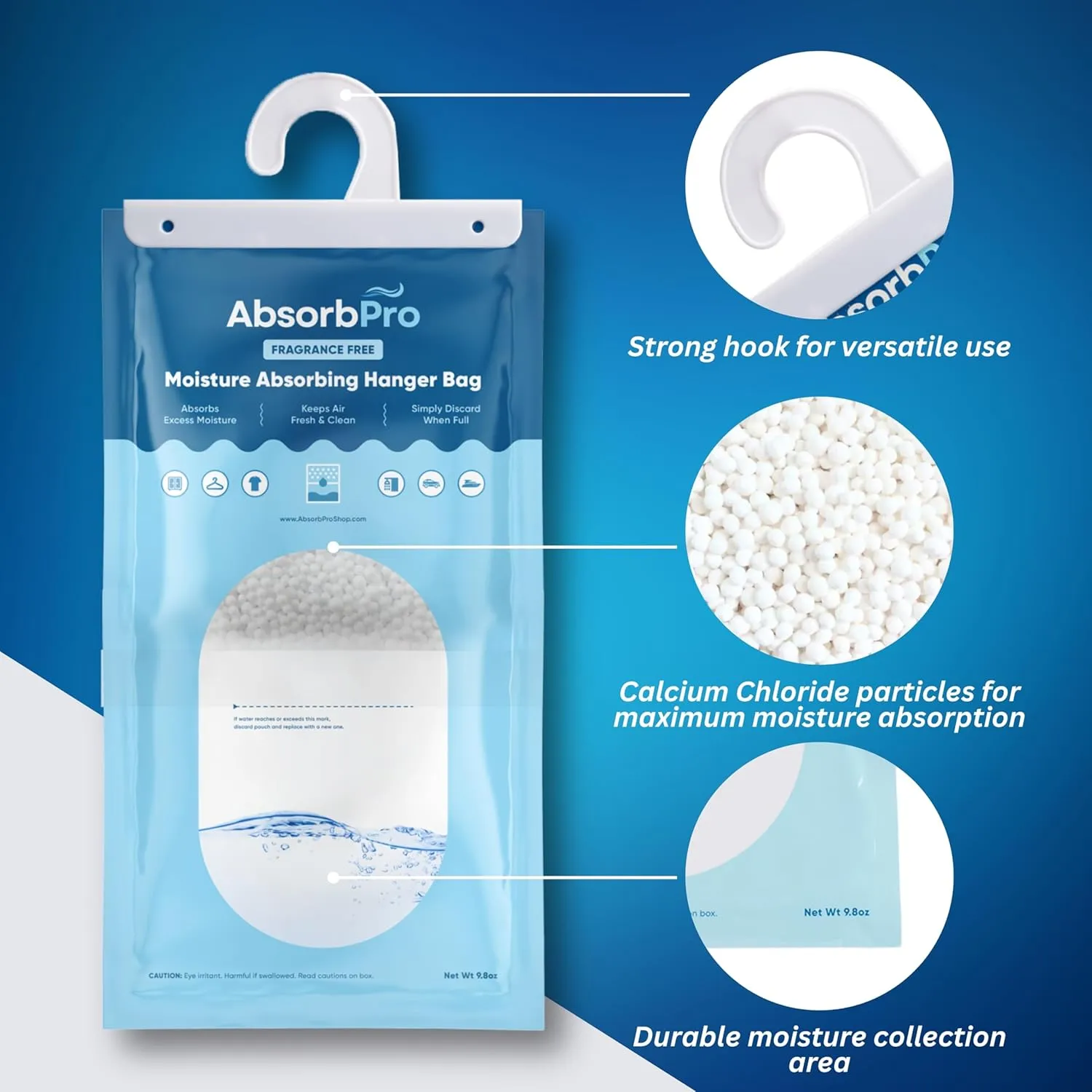Moisture Absorbing Hanger Bag Fragrance Free - 10-Pack - 9.8 oz Hanging Dehumidifying Packs for Home, Kitchen, Bedroom, Bathroom, Closet, Rooms, Cars