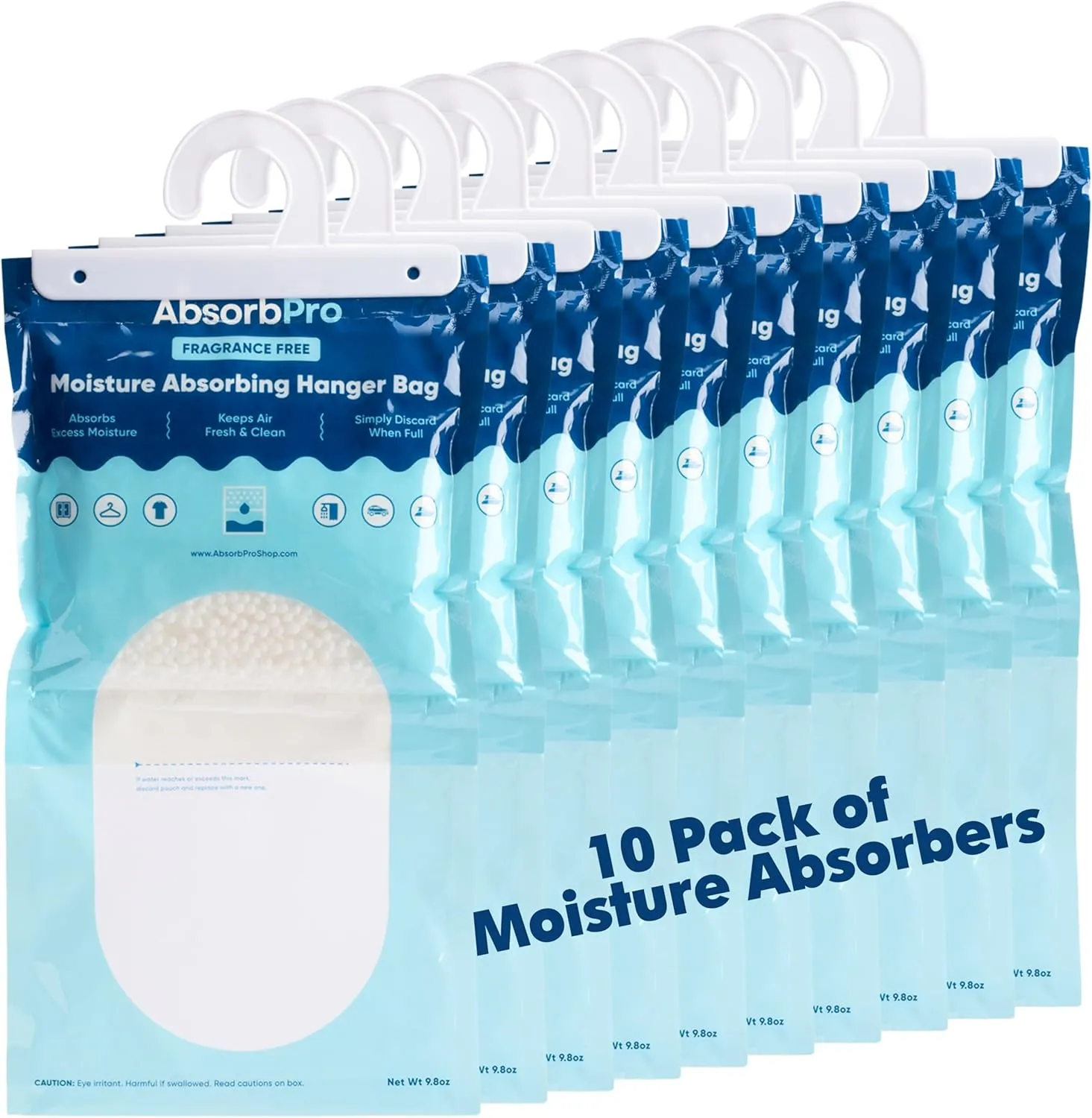 Moisture Absorbing Hanger Bag Fragrance Free - 10-Pack - 9.8 oz Hanging Dehumidifying Packs for Home, Kitchen, Bedroom, Bathroom, Closet, Rooms, Cars