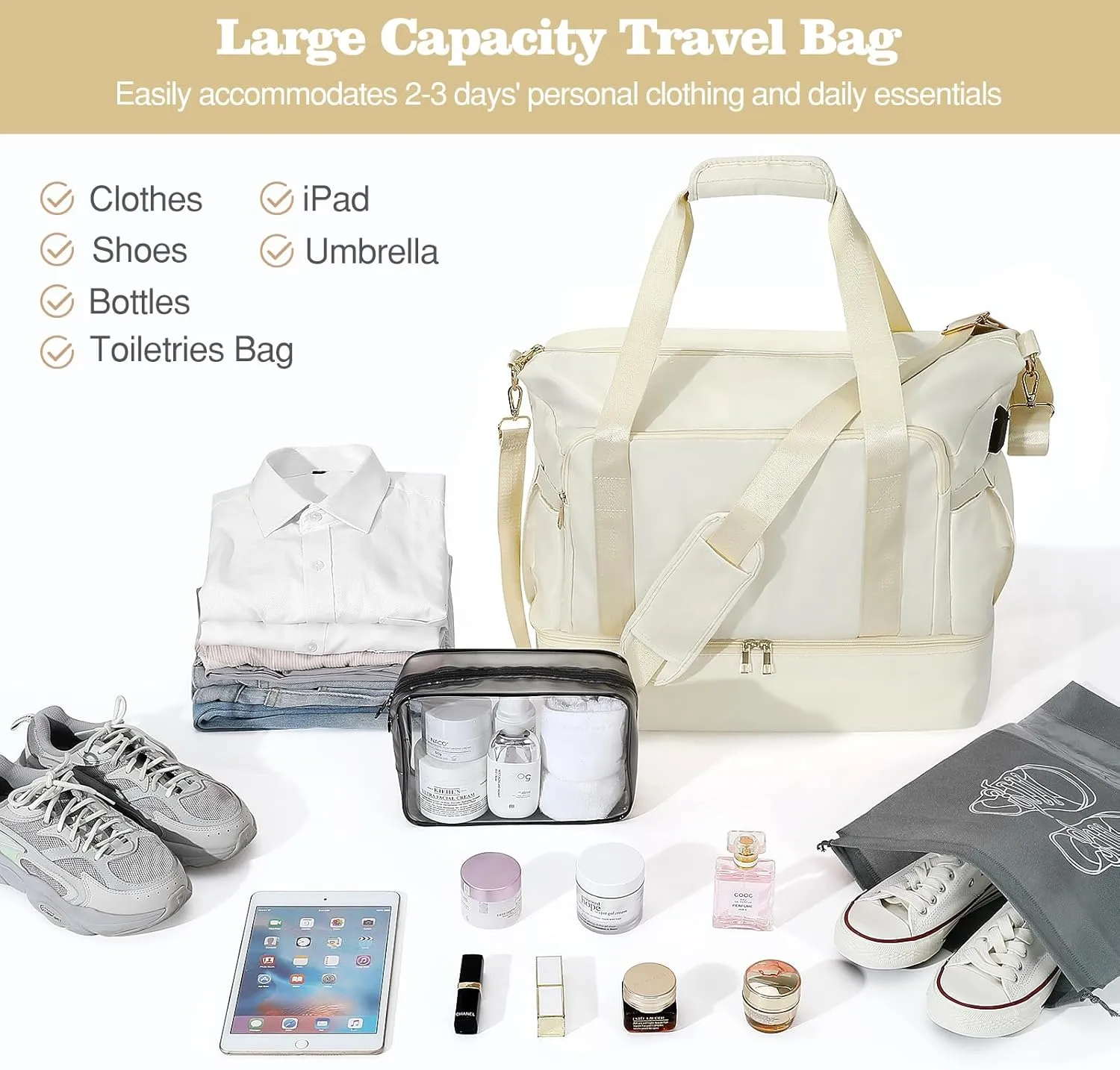 MoKo Personal Item Travel Bag - Duffle Bag with USB Charging Port, Weekender Overnight Carry On Bag with Wet Pocket for Women Travel, Gym, Yoga, Beige