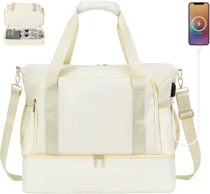 MoKo Personal Item Travel Bag - Duffle Bag with USB Charging Port, Weekender Overnight Carry On Bag with Wet Pocket for Women Travel, Gym, Yoga, Beige