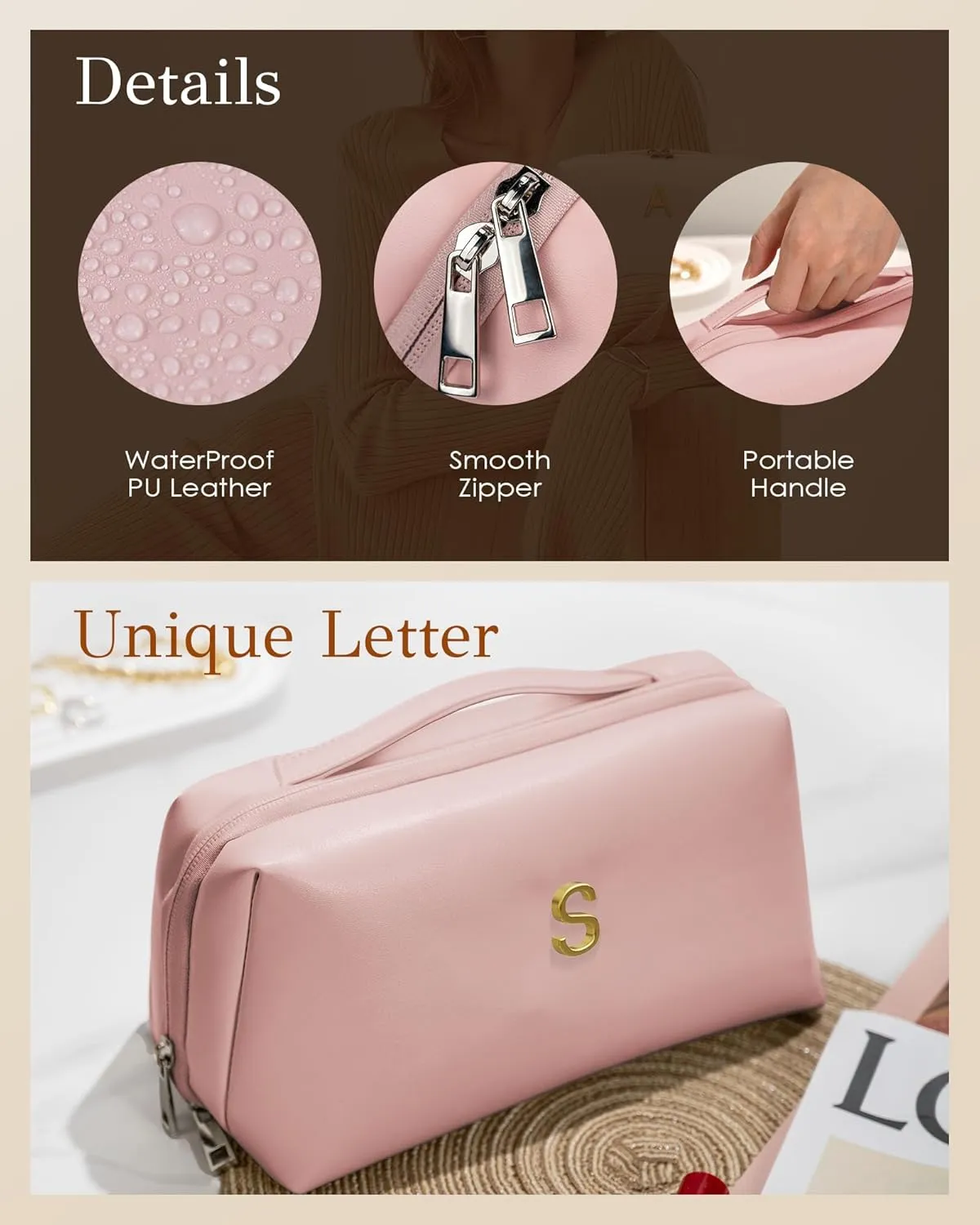 Mothers Day Gifts for Mom - Initial Makeup Bag for Women Girls, Bridesmaid Gifts, Teacher Appreciation Gifts, Graduation Gifts, Large Capacity & Wide Open Cosmetic Toiletry Bags, Friends Gift