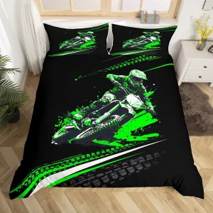 Motorcycle Bedding Duvet Cover Set Full Size Dirt Bike Bedding Set for Boys Decor Extreme Sports Comforter Cover Set Microfiber Green Black Bedspread Cover Motorbike Bedroom Bedclothes