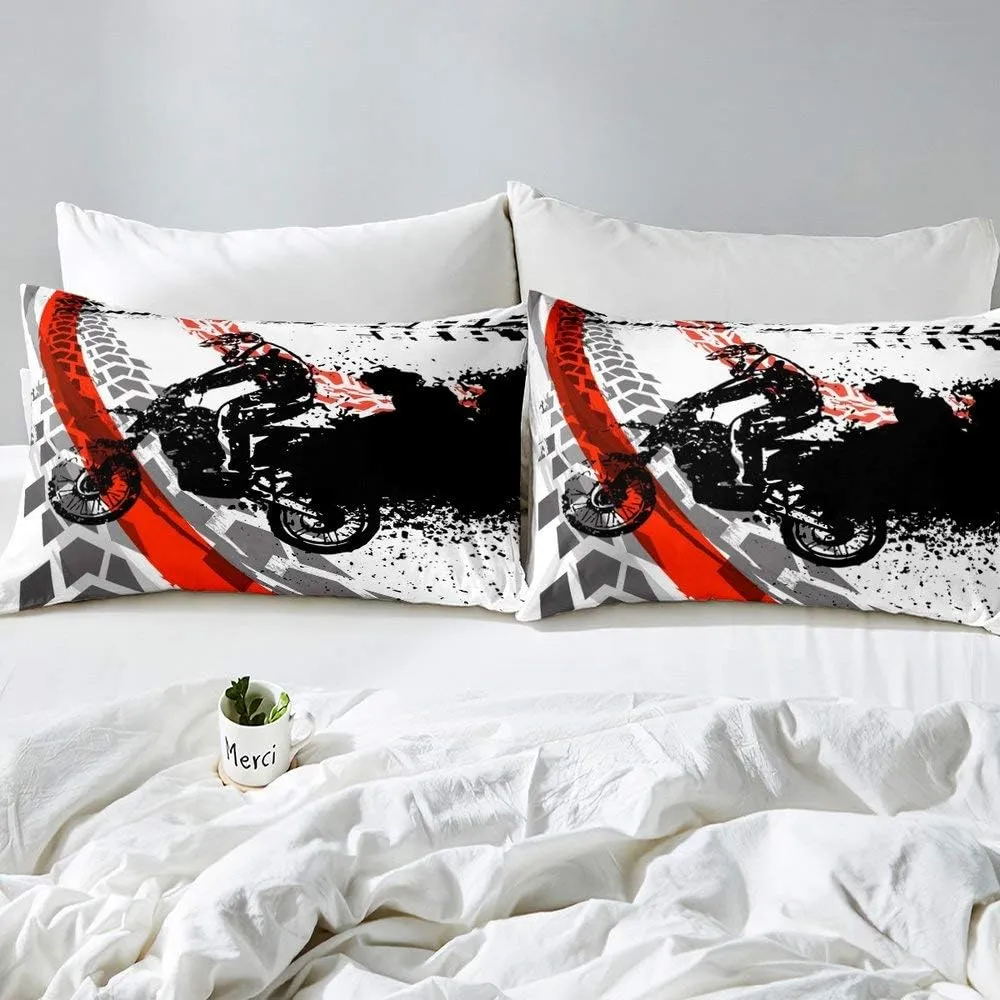 Motorcycle Bedding Set Full Size Motocross Racer Tie Dye Duvet Cover Extreme Sport Theme Comforter Cover For Kids Teen Boys Young Man Vehicle Rider Tournment Quilt Cover With 2 Pillow Cases Black Red