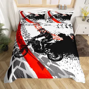 Motorcycle Bedding Set Full Size Motocross Racer Tie Dye Duvet Cover Extreme Sport Theme Comforter Cover For Kids Teen Boys Young Man Vehicle Rider Tournment Quilt Cover With 2 Pillow Cases Black Red