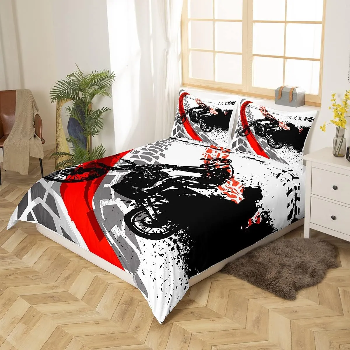 Motorcycle Bedding Set Full Size Motocross Racer Tie Dye Duvet Cover Extreme Sport Theme Comforter Cover For Kids Teen Boys Young Man Vehicle Rider Tournment Quilt Cover With 2 Pillow Cases Black Red
