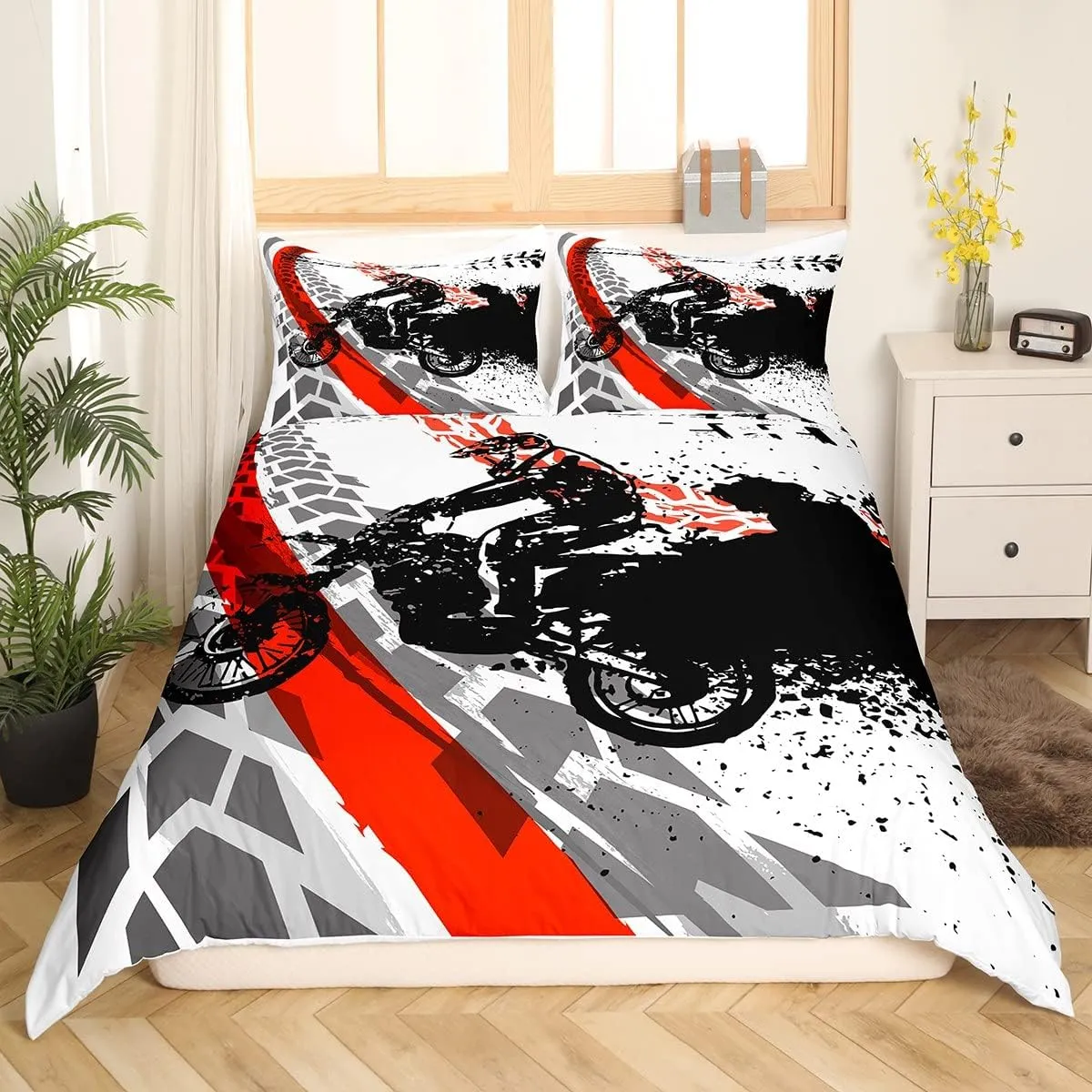 Motorcycle Bedding Set Full Size Motocross Racer Tie Dye Duvet Cover Extreme Sport Theme Comforter Cover For Kids Teen Boys Young Man Vehicle Rider Tournment Quilt Cover With 2 Pillow Cases Black Red