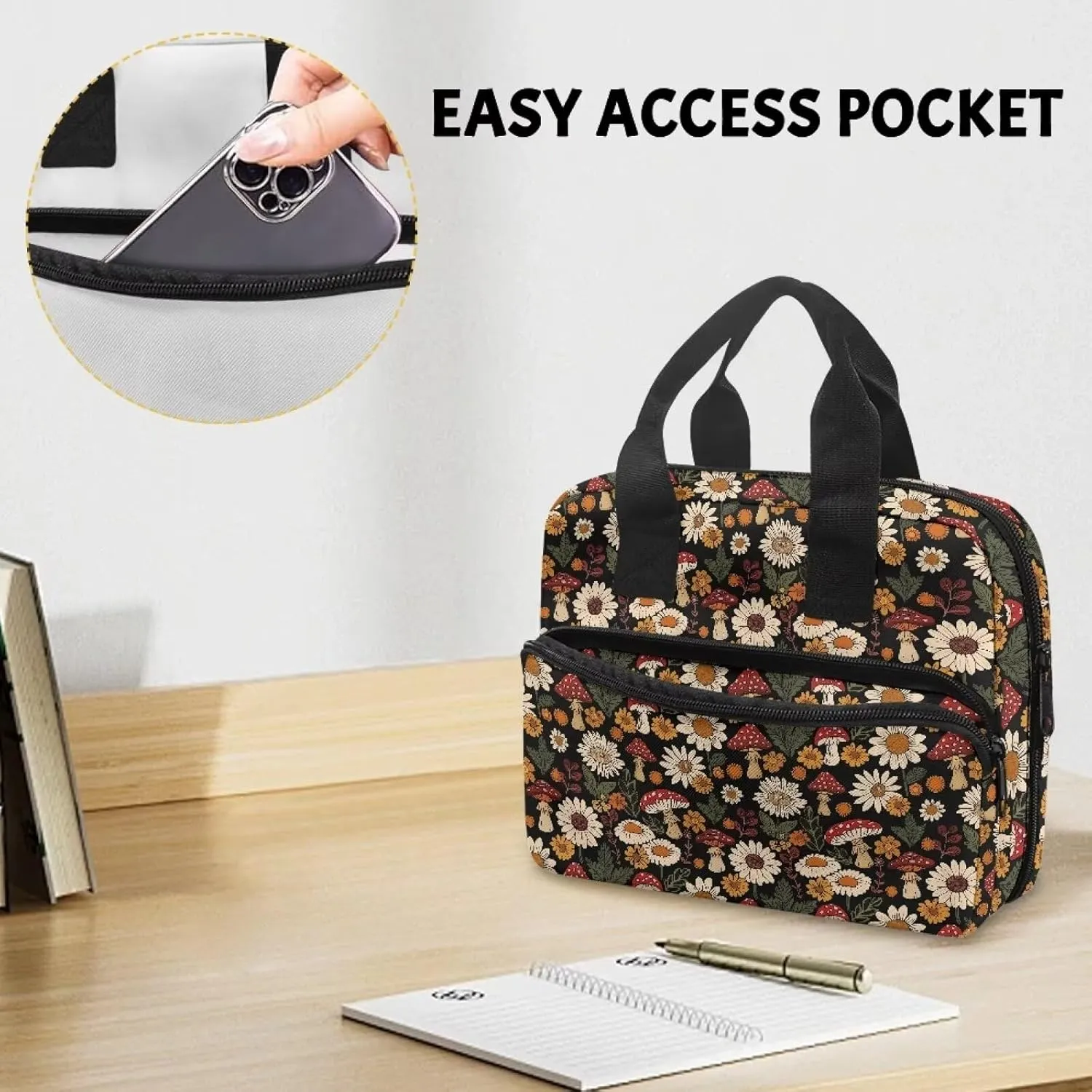 Mushroom Sunflower Daisy Bible Case for Women Bible Cover with Top Handle Large Womens Bible Cover Case Portable Bible Bag with Handle Lightweight Church Bag for Worship