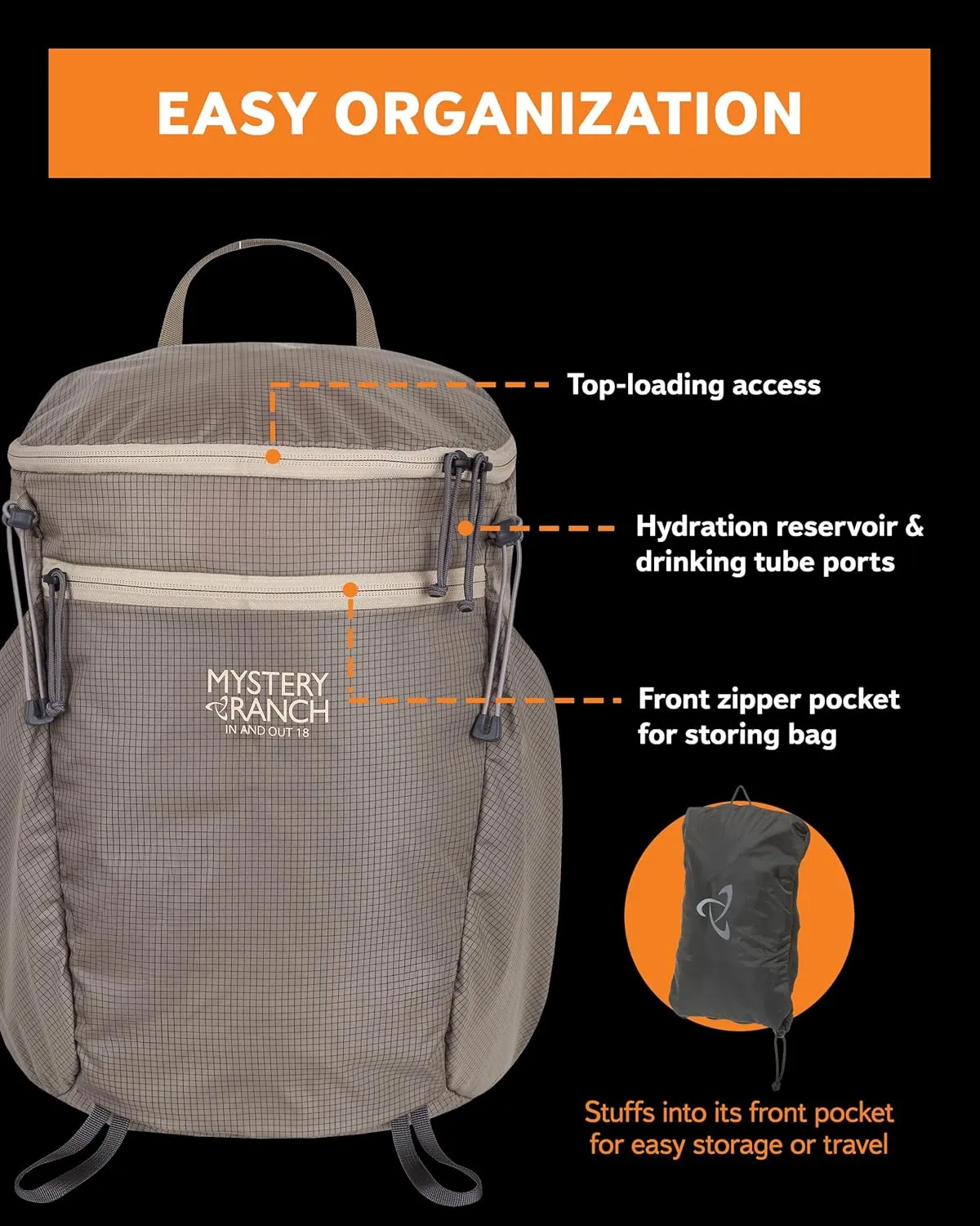 Mystery Ranch In and Out Packable Backpack - Lightweight Foldable Pack, Rhubarb, 18L
