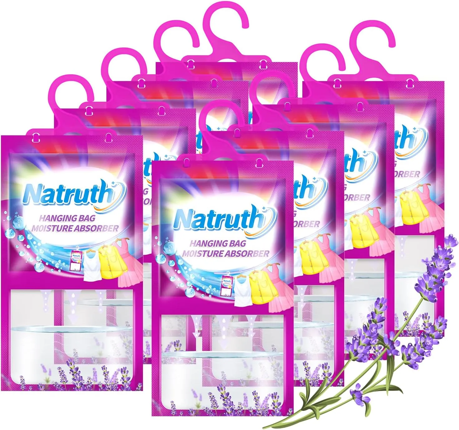 NATRUTH 8-PACK Moisture Absorber Bags With Lavender,Desiccant Hanging Bag Use for Kitchen Bathroom Wardrobe, Eliminates Odors，Odor Absorber Humidity Packs, Hanging Closet Dehumidifier Bags for Closet