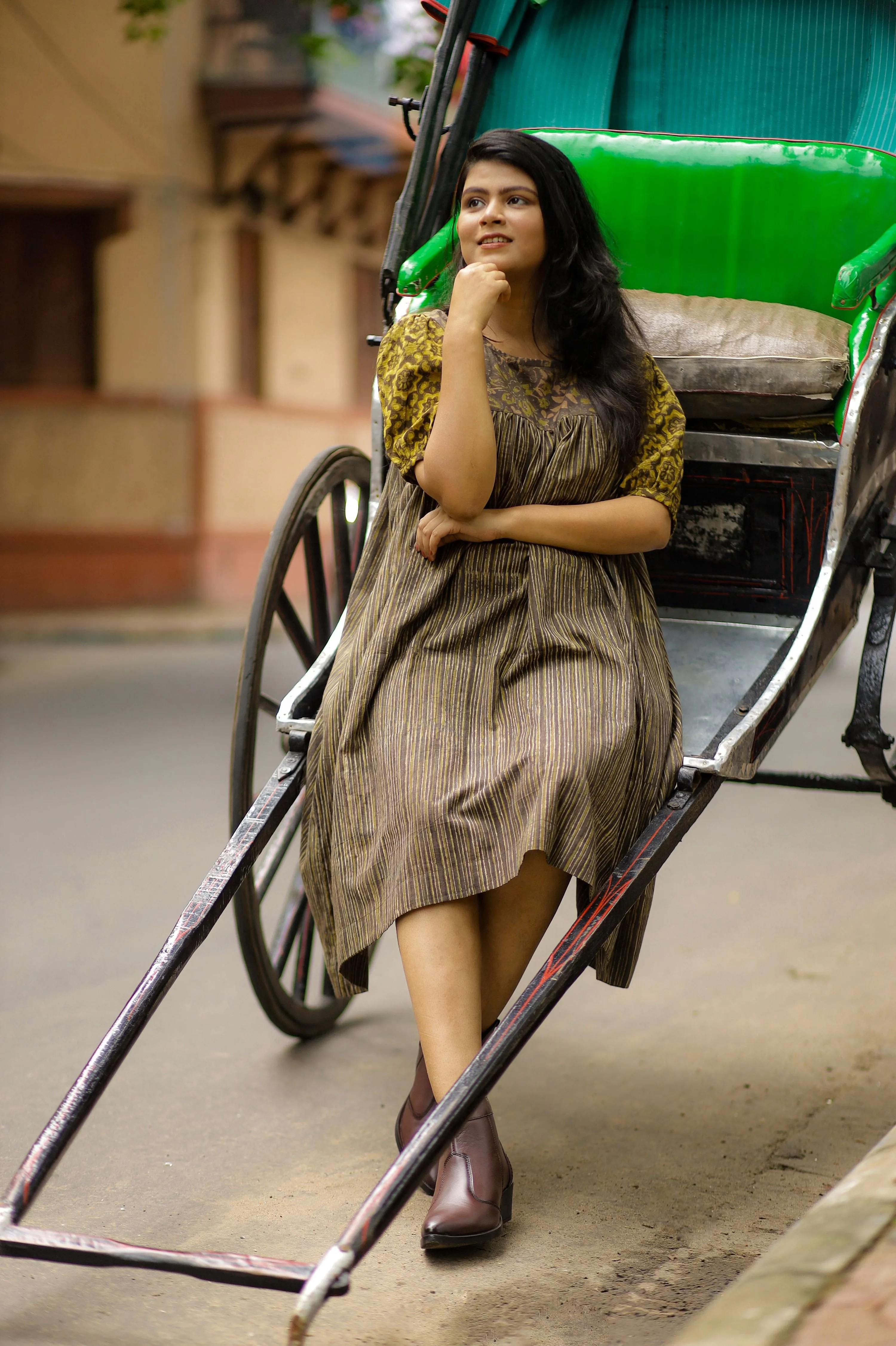 Navya- Pure Cotton Boat Neck Puffed Sleeve Dress