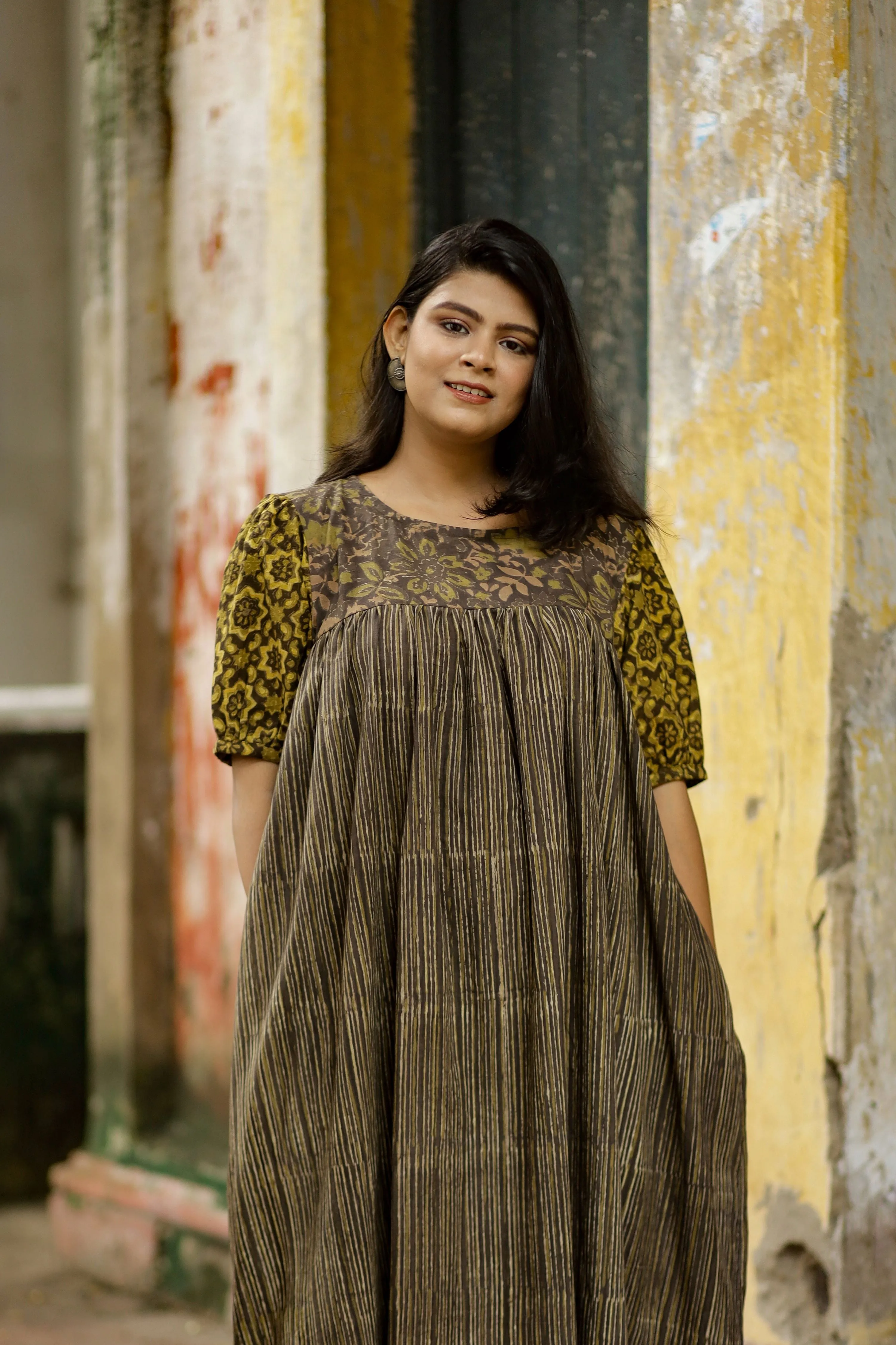 Navya- Pure Cotton Boat Neck Puffed Sleeve Dress