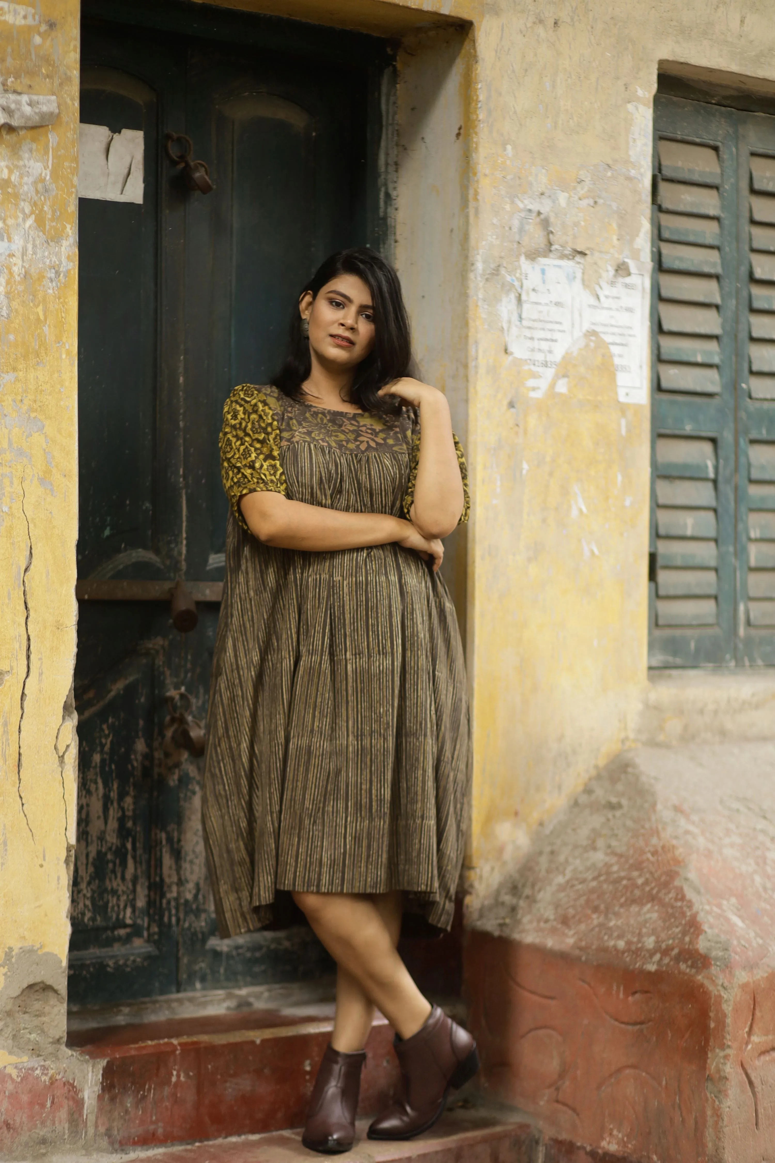 Navya- Pure Cotton Boat Neck Puffed Sleeve Dress