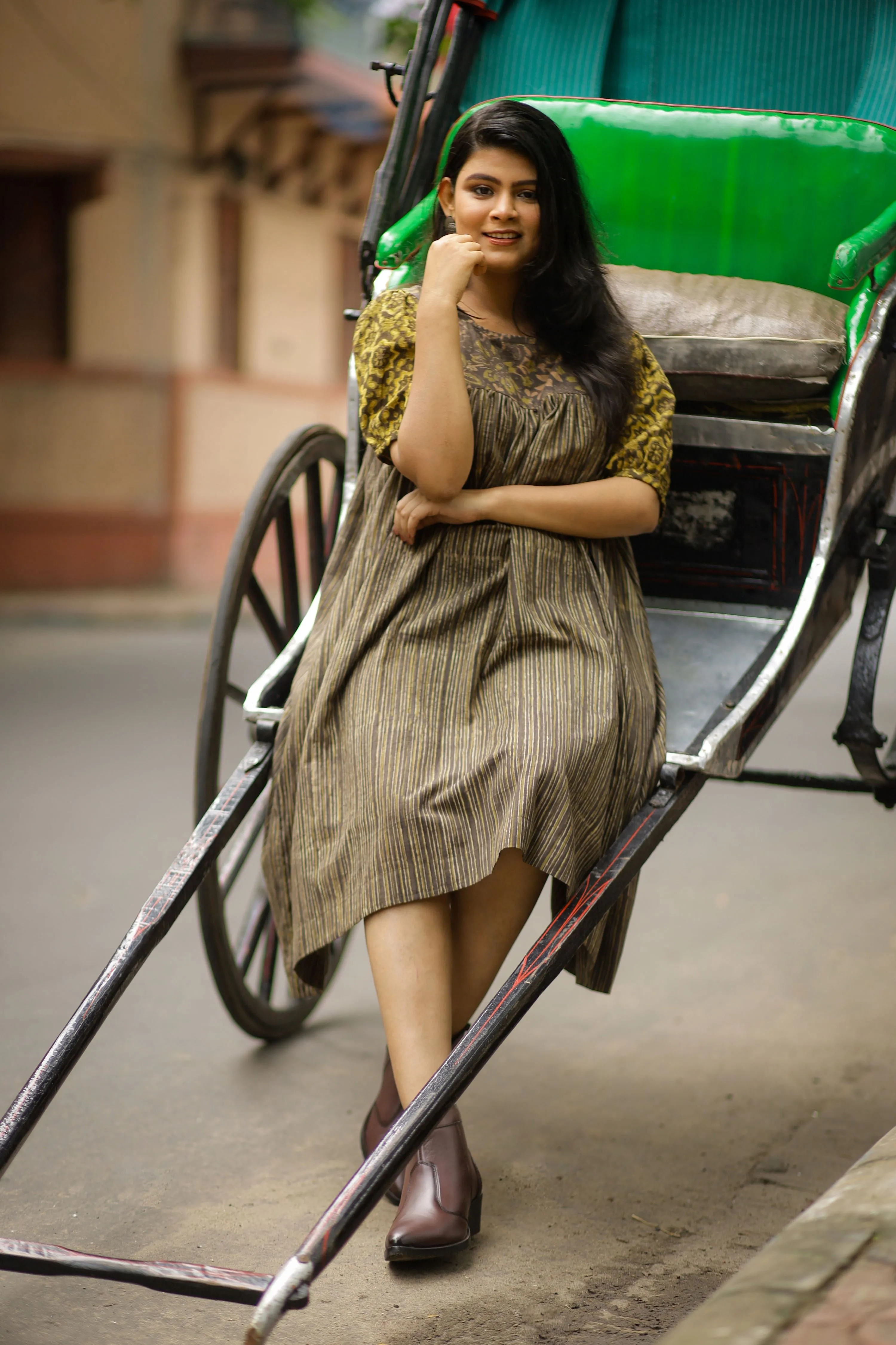 Navya- Pure Cotton Boat Neck Puffed Sleeve Dress