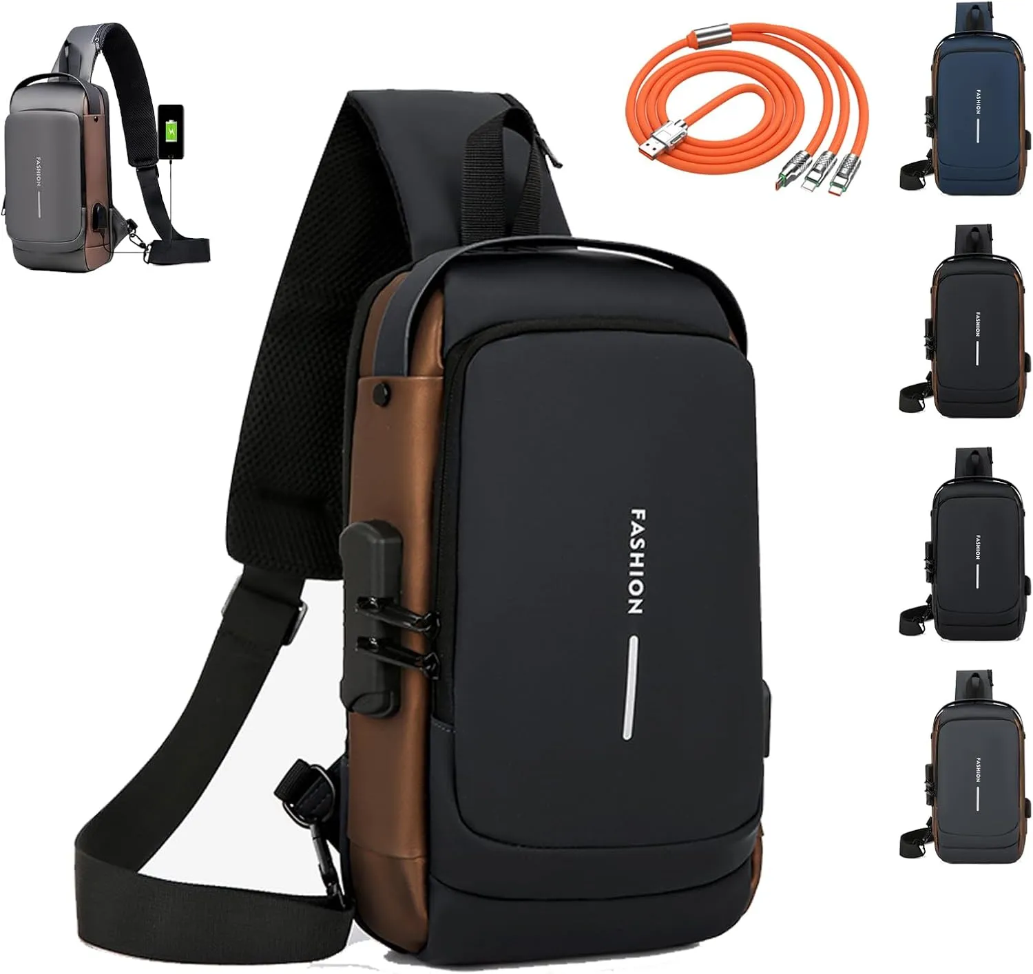 New Carbon Fiber Streamline Anti-Theft Sling Bag, Usb Charging Sport Sling Anti Theft Shoulder Bag,Slings Bags for Men (Black gold)