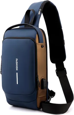 New Carbon Fiber Streamline Anti-Theft Sling Bag, USB Charging Sport Sling, Waterproof Shoulder Crossbody Backpack (Blue)