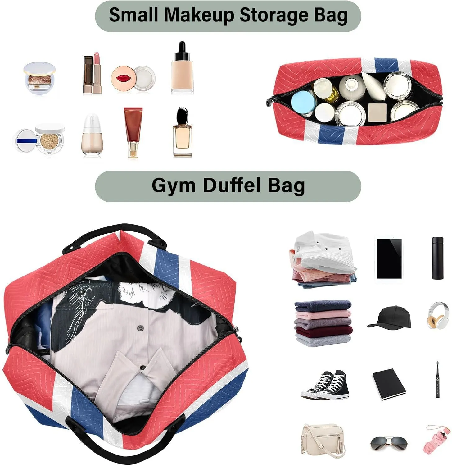 Norway Flag Travel Duffle Bag Gym Bag Weekender Bags Quilt Overnight Bag Carry On Bag with Make Up Bag for Women Airplane Trip Ladies Travel Essentials Gifts