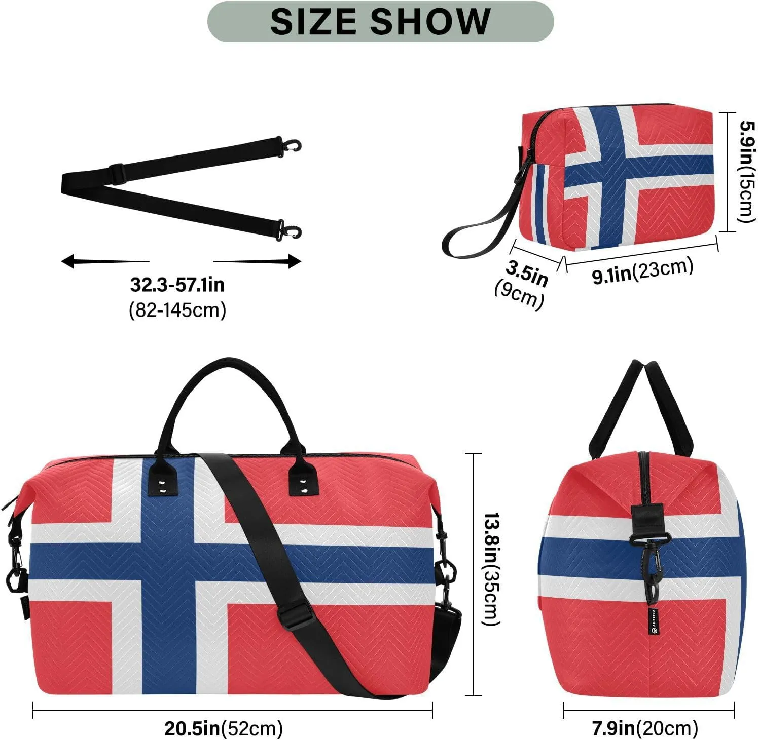 Norway Flag Travel Duffle Bag Gym Bag Weekender Bags Quilt Overnight Bag Carry On Bag with Make Up Bag for Women Airplane Trip Ladies Travel Essentials Gifts