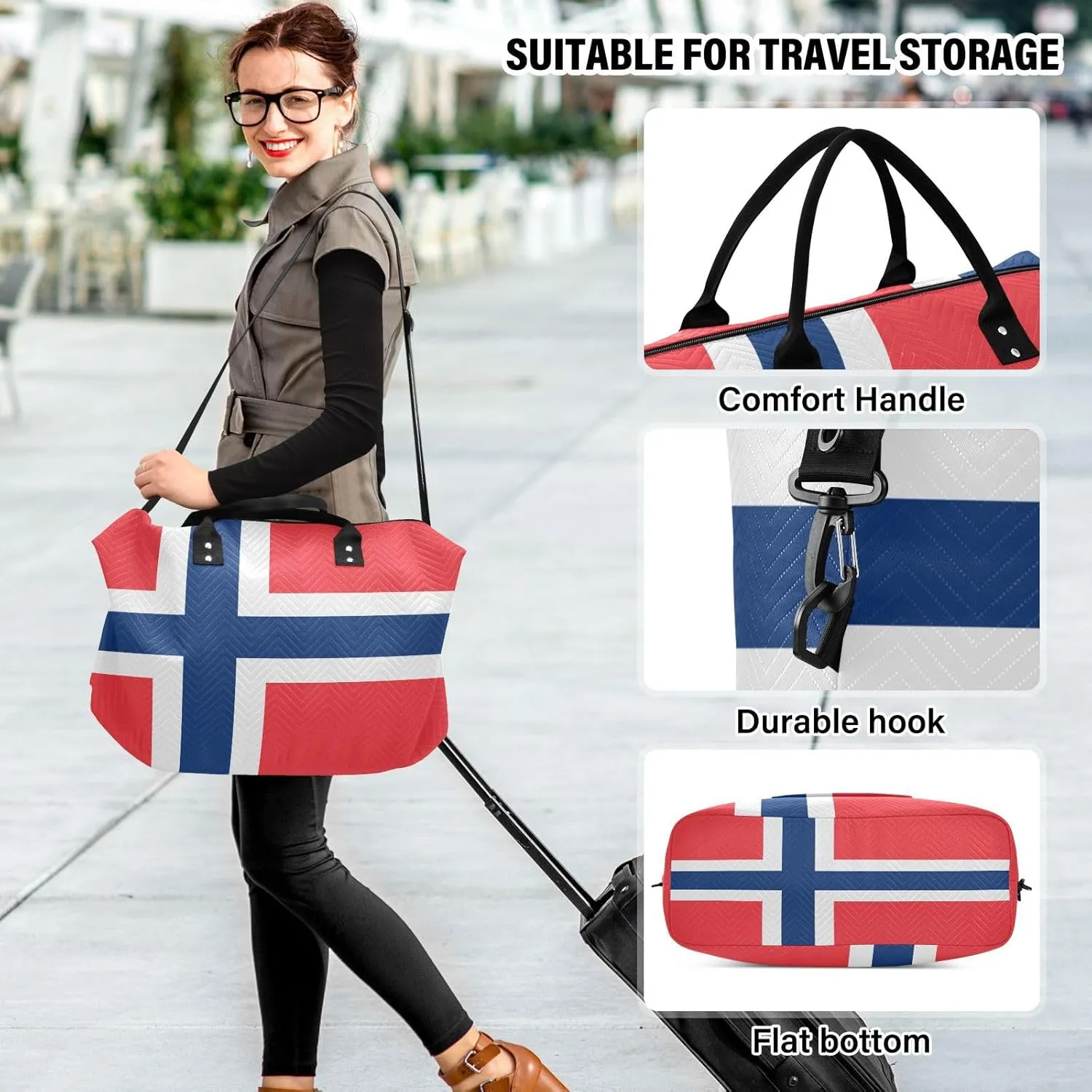 Norway Flag Travel Duffle Bag Gym Bag Weekender Bags Quilt Overnight Bag Carry On Bag with Make Up Bag for Women Airplane Trip Ladies Travel Essentials Gifts