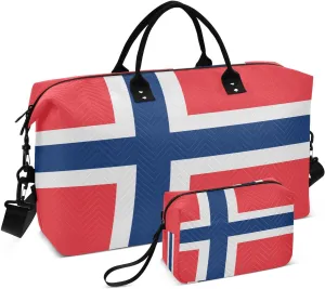 Norway Flag Travel Duffle Bag Gym Bag Weekender Bags Quilt Overnight Bag Carry On Bag with Make Up Bag for Women Airplane Trip Ladies Travel Essentials Gifts