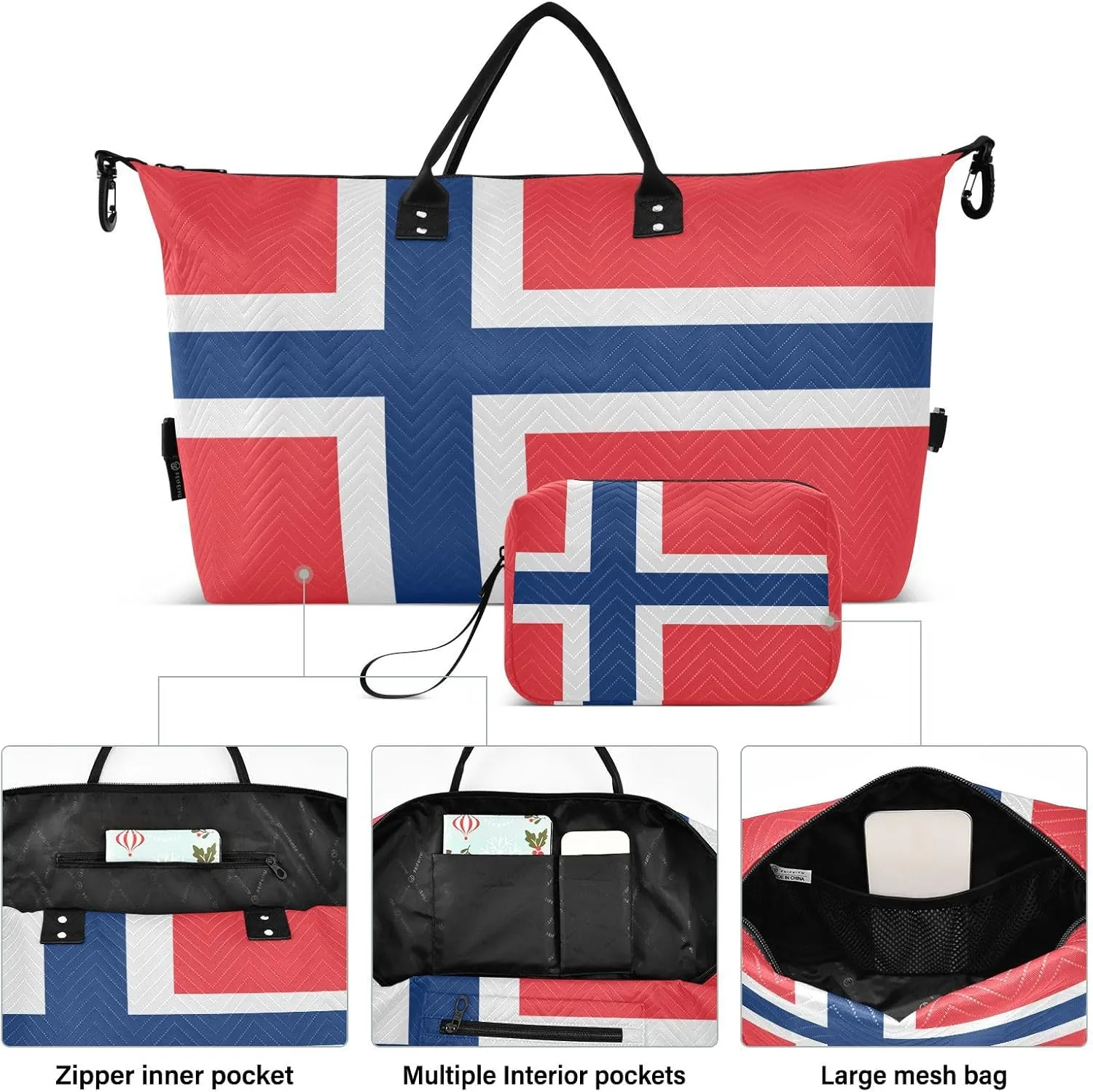 Norway Flag Travel Duffle Bag Gym Bag Weekender Bags Quilt Overnight Bag Carry On Bag with Make Up Bag for Women Airplane Trip Ladies Travel Essentials Gifts