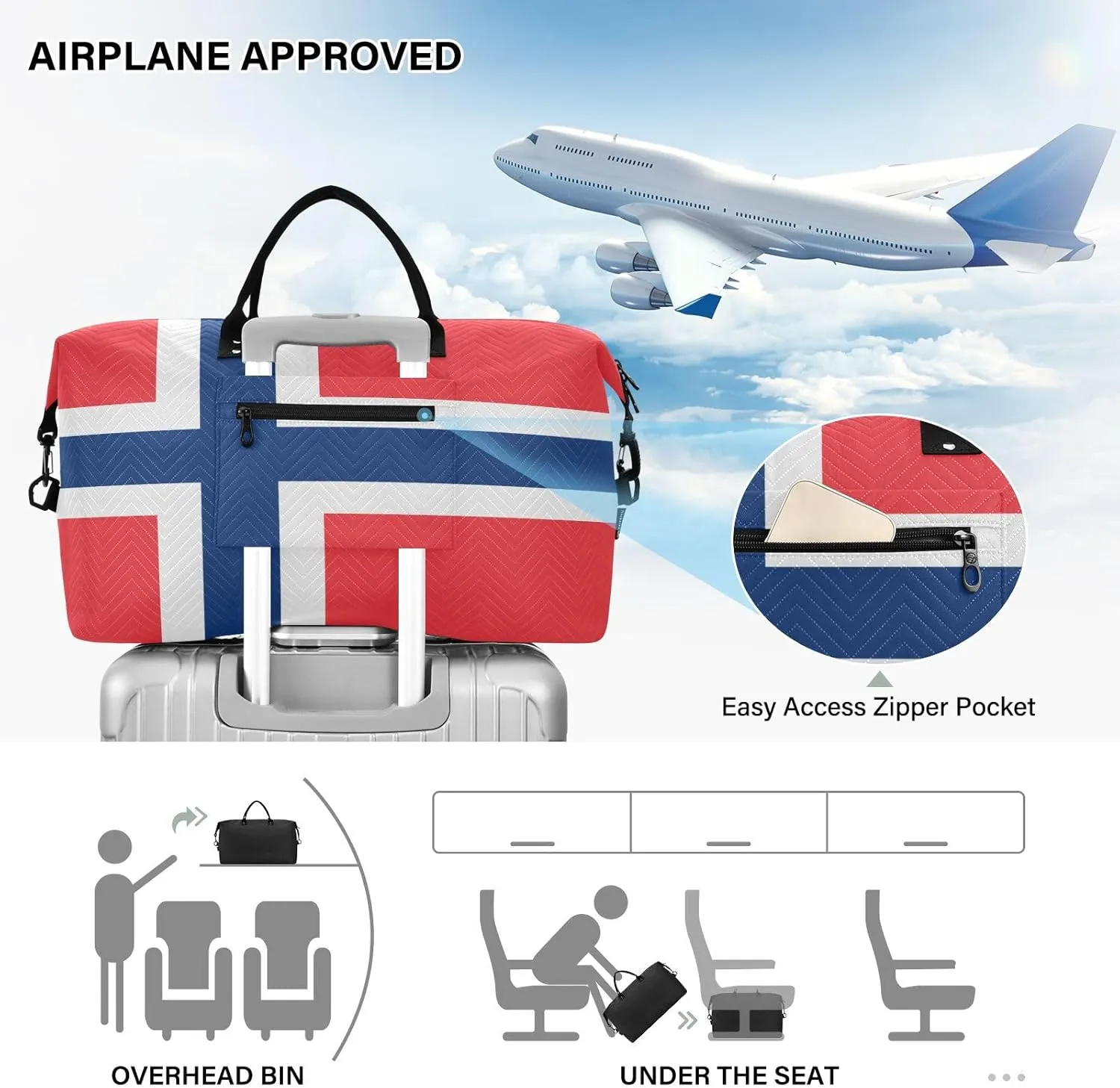 Norway Flag Travel Duffle Bag Gym Bag Weekender Bags Quilt Overnight Bag Carry On Bag with Make Up Bag for Women Airplane Trip Ladies Travel Essentials Gifts