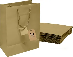 Novel Box Gold Gift Bags with Handles 10 Pack 8x4x10 Inches Large Paper Bulk Gift Bags for Business, Shopping, Birthday, Party Favor - Euro Tote Paper Bag for Groceries & Personal Use