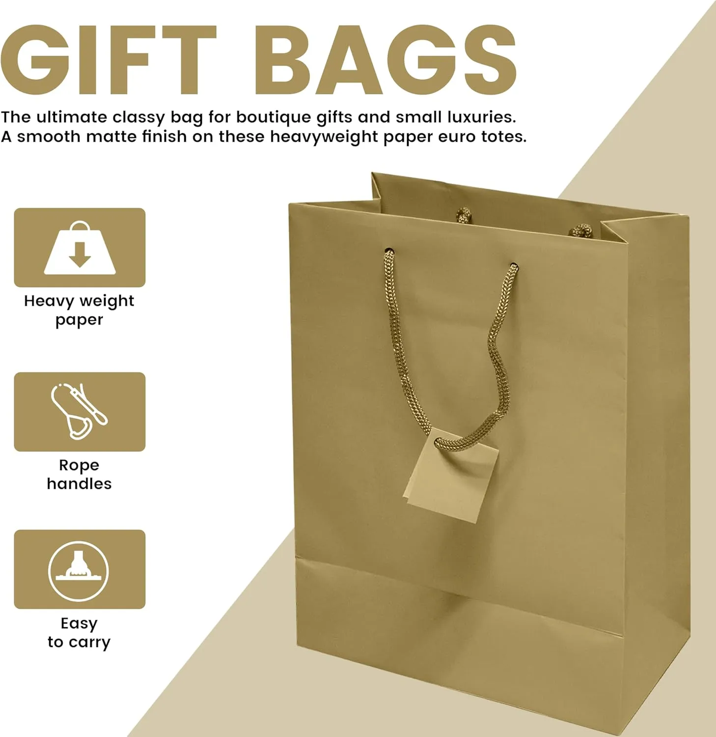 Novel Box Gold Gift Bags with Handles 10 Pack 8x4x10 Inches Large Paper Bulk Gift Bags for Business, Shopping, Birthday, Party Favor - Euro Tote Paper Bag for Groceries & Personal Use