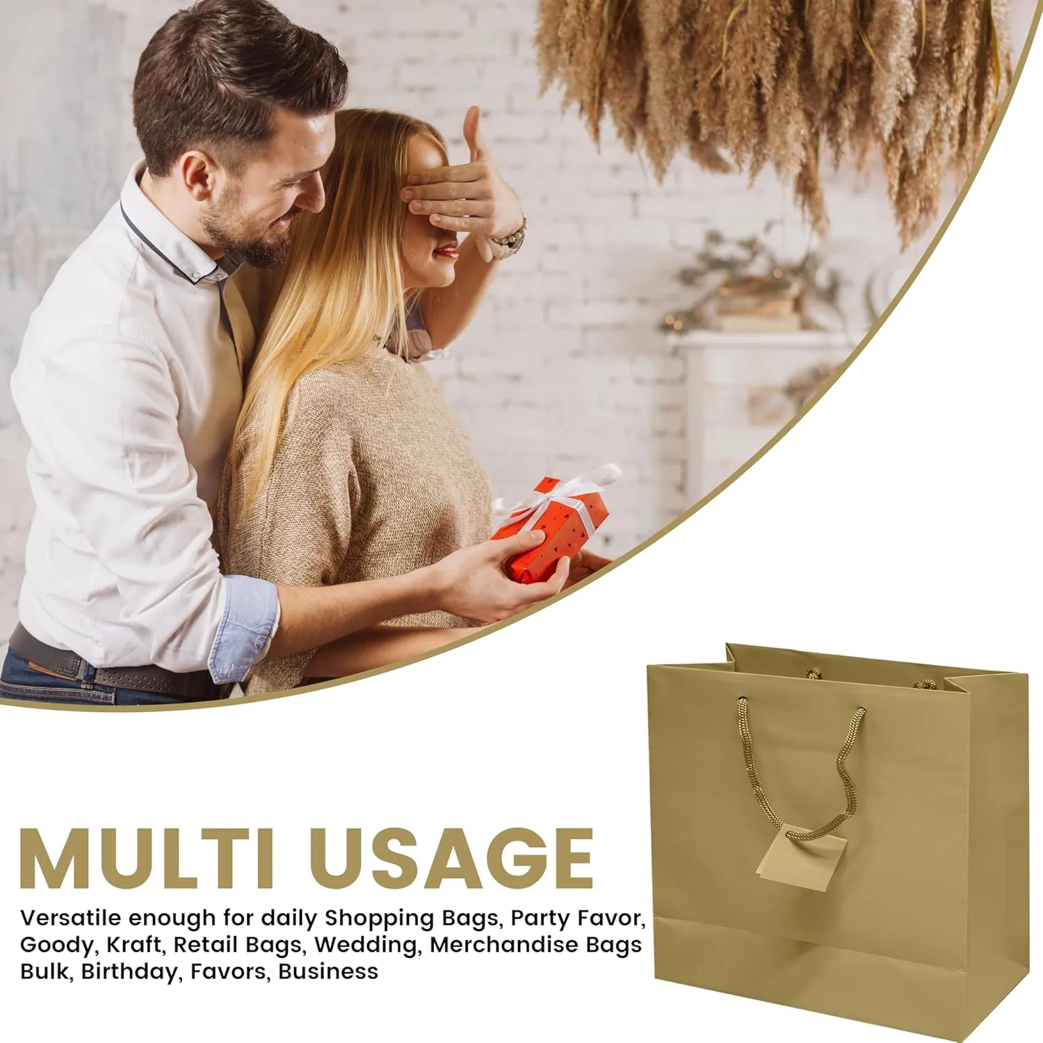 Novel Box Gold Gift Bags with Handles 10 Pack 8x4x10 Inches Large Paper Bulk Gift Bags for Business, Shopping, Birthday, Party Favor - Euro Tote Paper Bag for Groceries & Personal Use