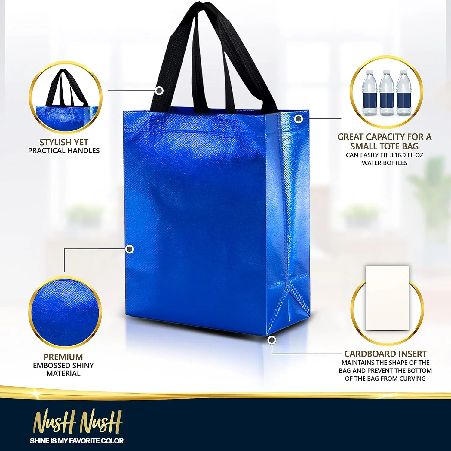 Nush Nush Set of 60 Shiny Blue Gift Bags, Reusable With Black Handles, Medium Size, Perfect As Goodie/Birthday Gift Bags, Party Favor Bags, 8Wx4Dx10H Size