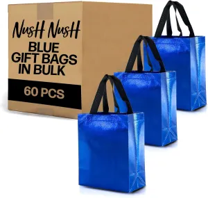 Nush Nush Set of 60 Shiny Blue Gift Bags, Reusable With Black Handles, Medium Size, Perfect As Goodie/Birthday Gift Bags, Party Favor Bags, 8Wx4Dx10H Size