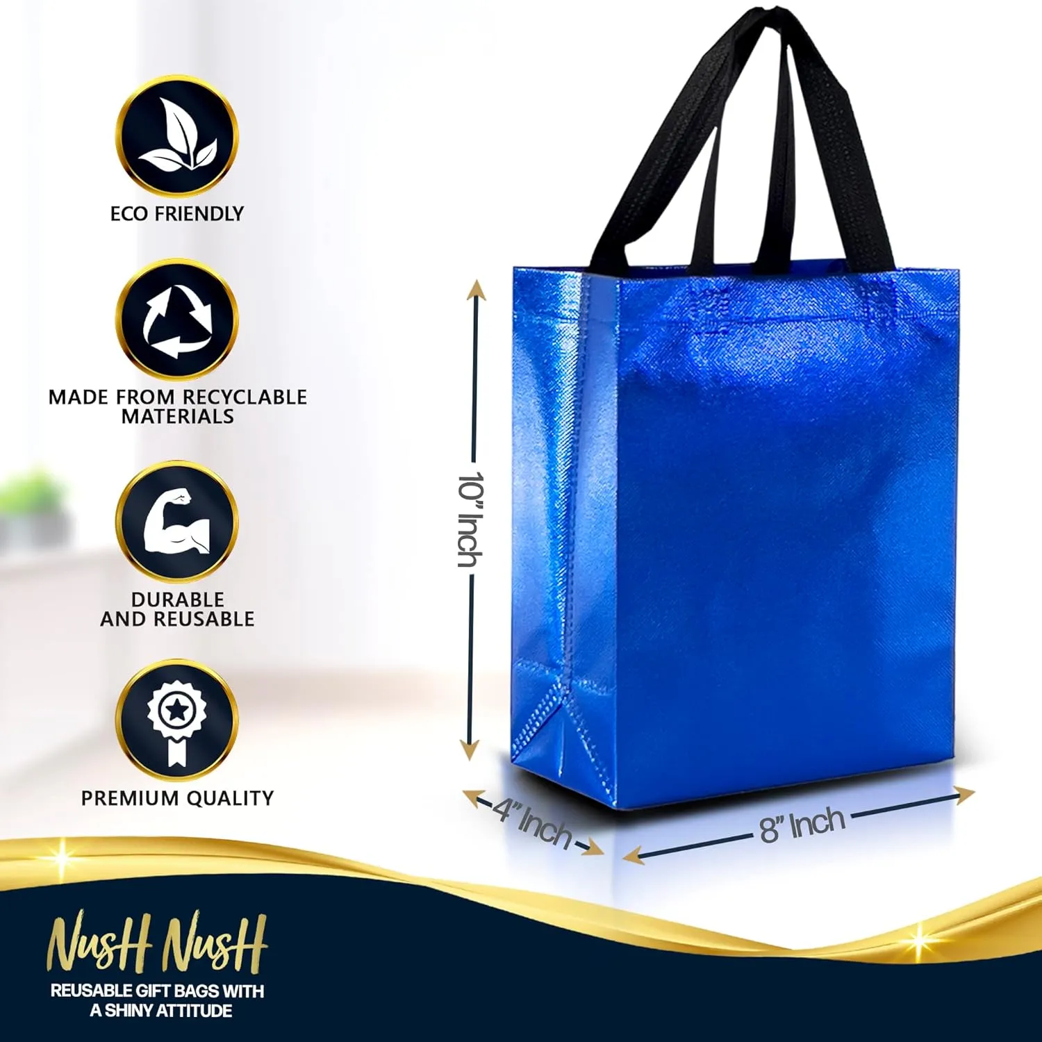 Nush Nush Set of 60 Shiny Blue Gift Bags, Reusable With Black Handles, Medium Size, Perfect As Goodie/Birthday Gift Bags, Party Favor Bags, 8Wx4Dx10H Size