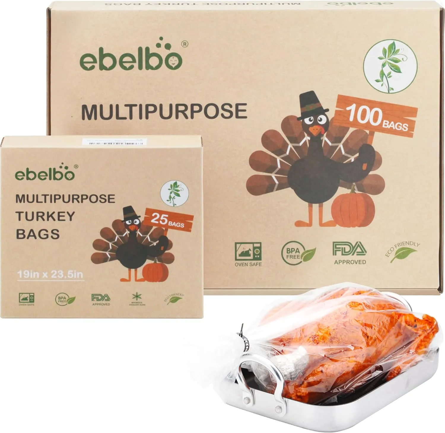 Nylon Turkey Oven Bags 19"x23.5" 100 Count Large Turkey Size BPA Free up to 400°F for Meats Chicken Seafood Vegetables Cooking Roasting & Freezer