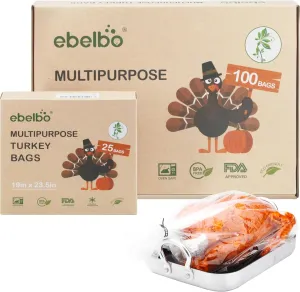 Nylon Turkey Oven Bags 19"x23.5" 100 Count Large Turkey Size BPA Free up to 400°F for Meats Chicken Seafood Vegetables Cooking Roasting & Freezer