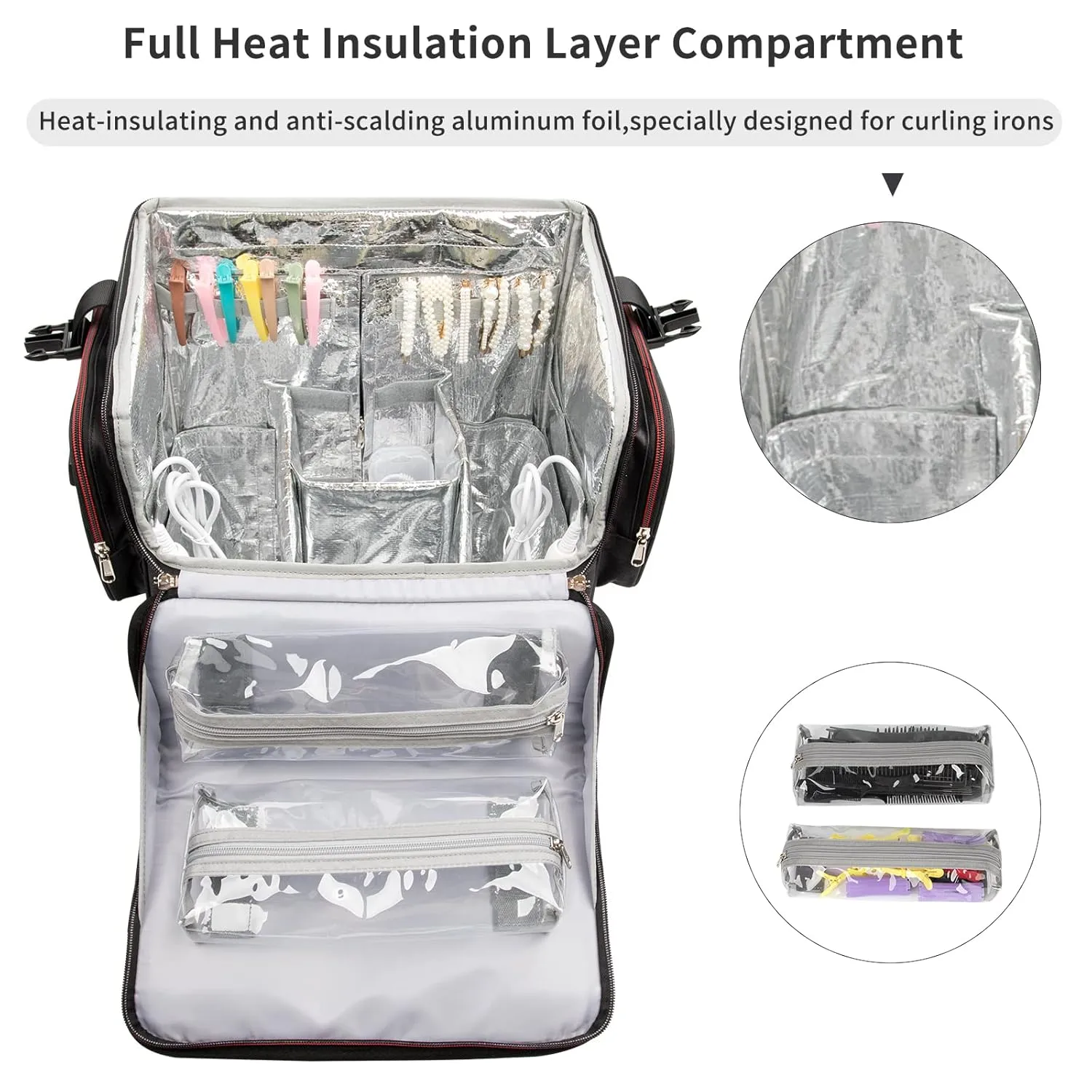 OCHEAL Large Makeup Train Case with 4 Clear Travel Makeup Bags Set, Cosmetic Makeup Case for Hairstylist, Hairdresser Storage Bag with Detachable Pouch,Heat Insulation and Anti-scalding Full layer